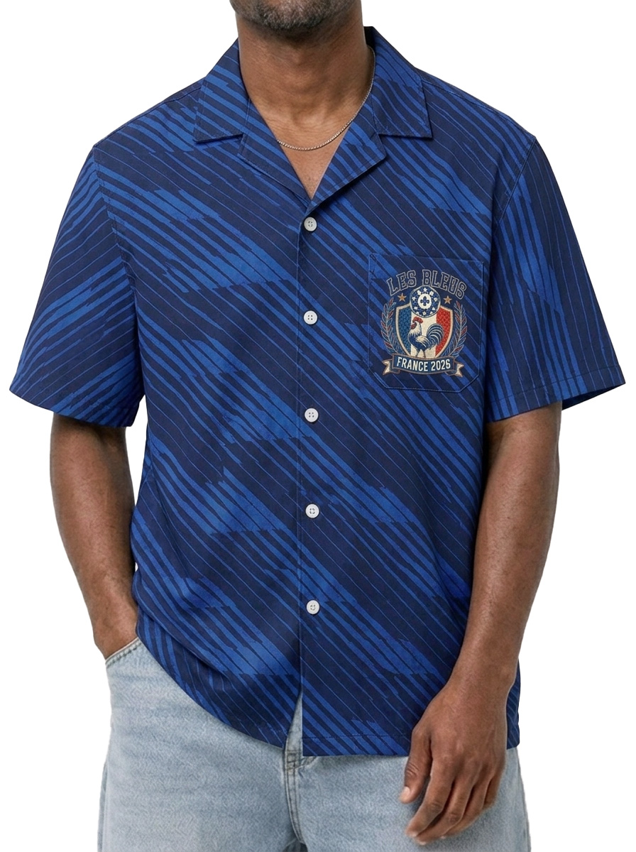 Men’s Blue France 2026 Soccer Fan Graphic Cuban Collar Button Down Shirt