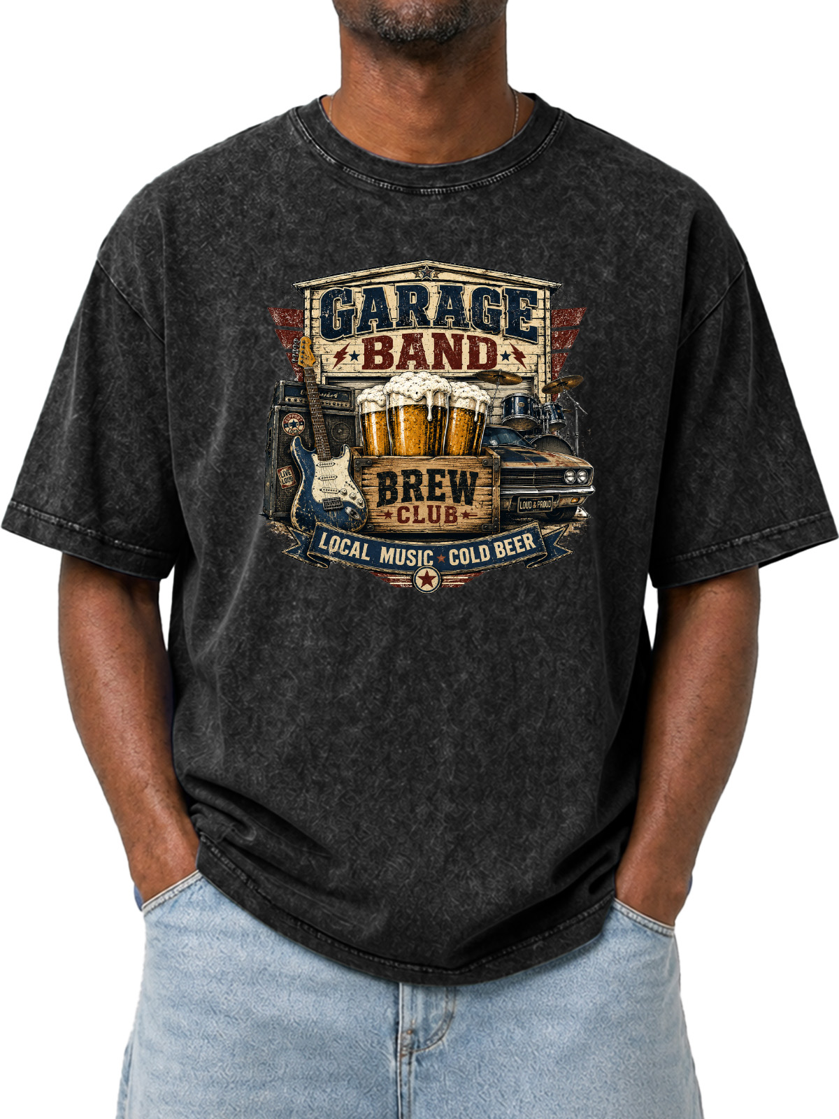 Vintage GARAGE BAND Printed Washed Short Sleeve T-Shirt