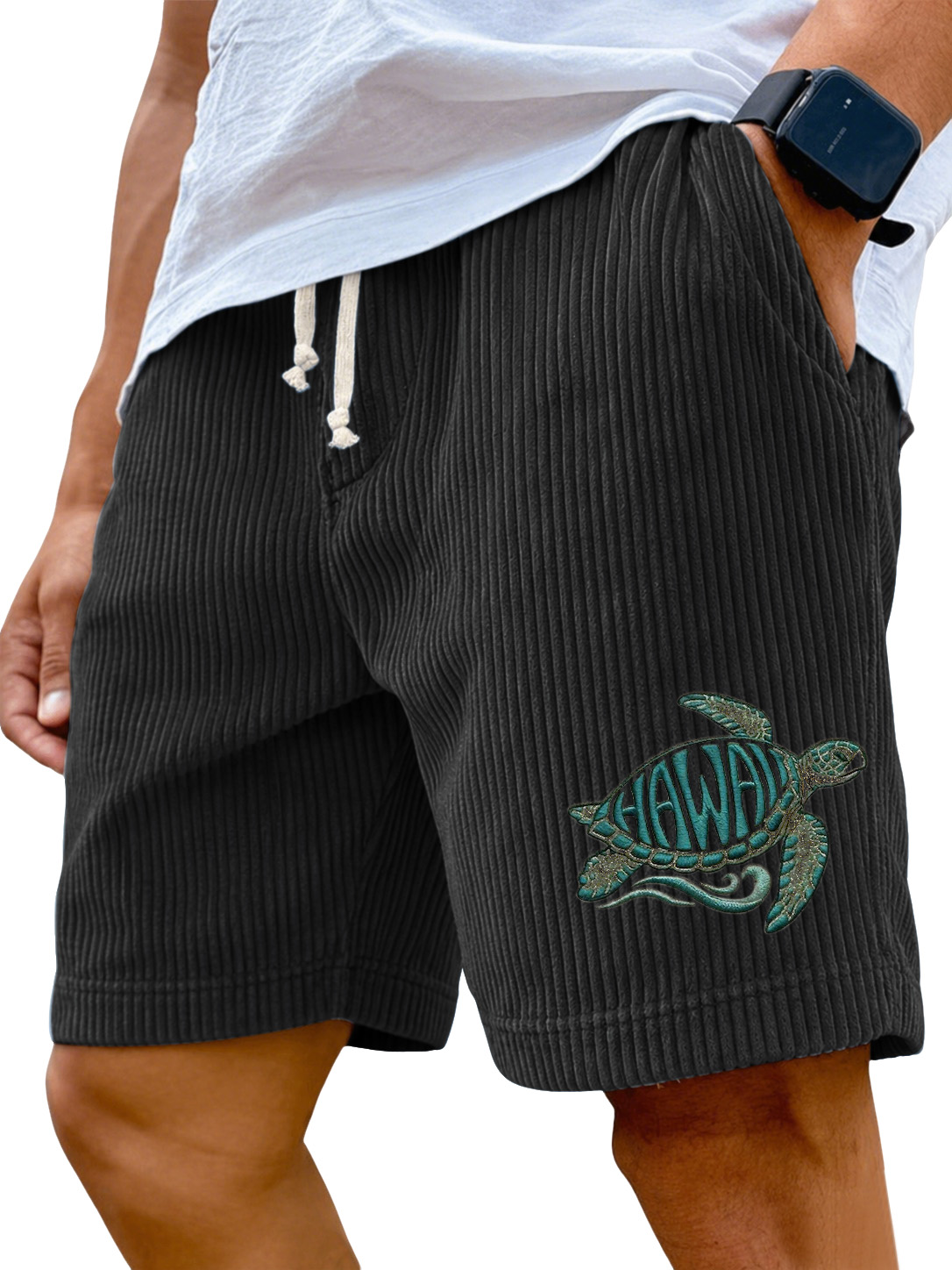Men’s Corduroy Drawstring Shorts with Hawaii Sea Turtle Embroidery