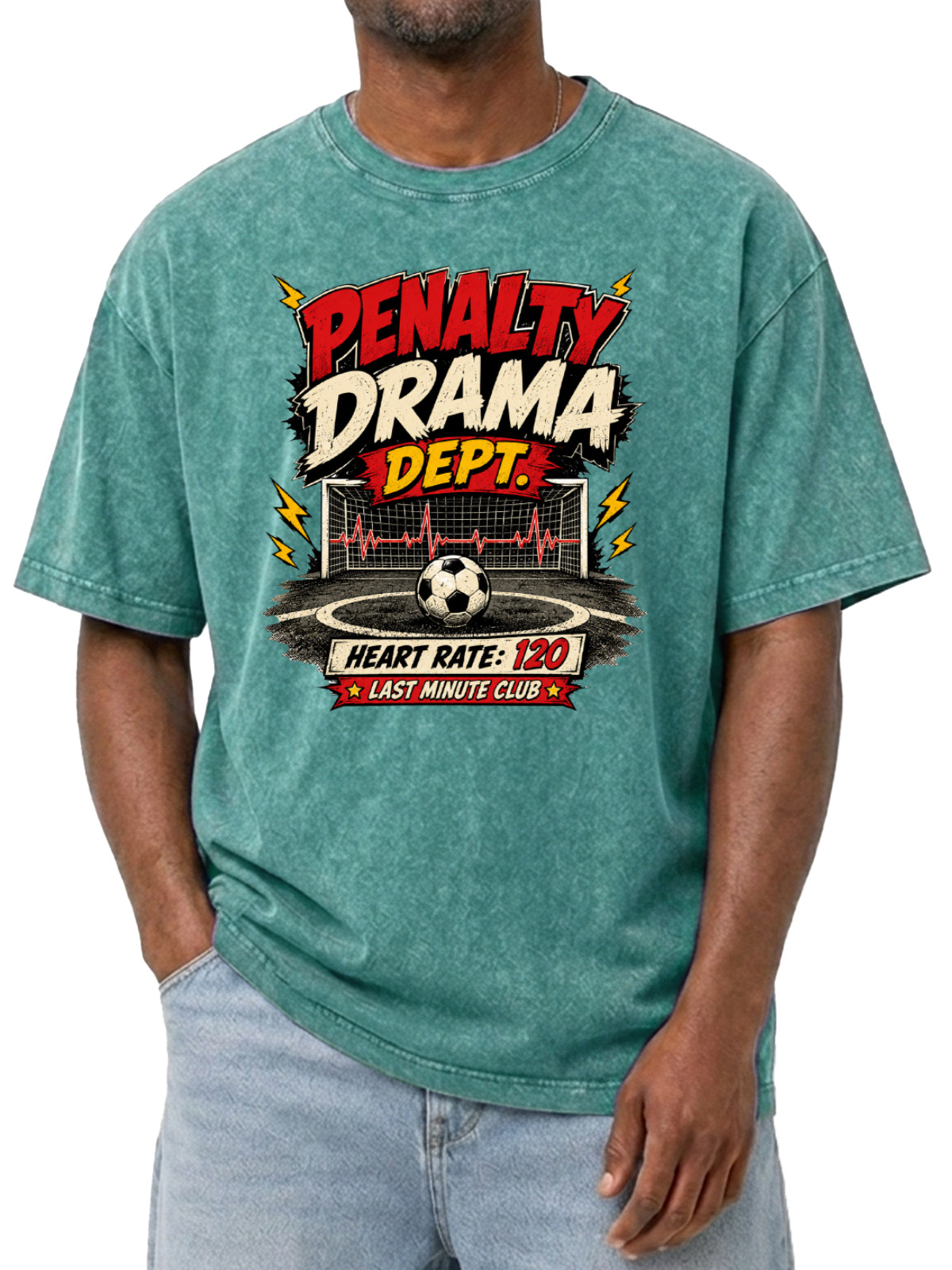 Men’s Vintage Washed Oversized T-Shirt with Penalty Drama Soccer Graphic