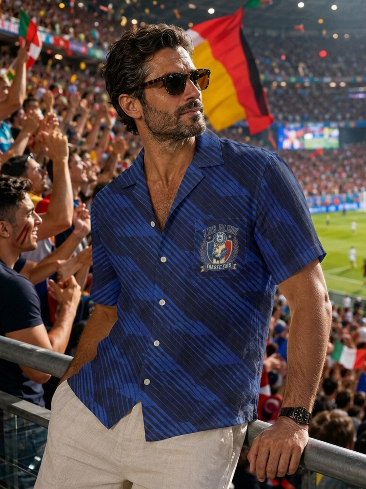 Men’s Blue France 2026 Soccer Fan Graphic Cuban Collar Button Down Shirt