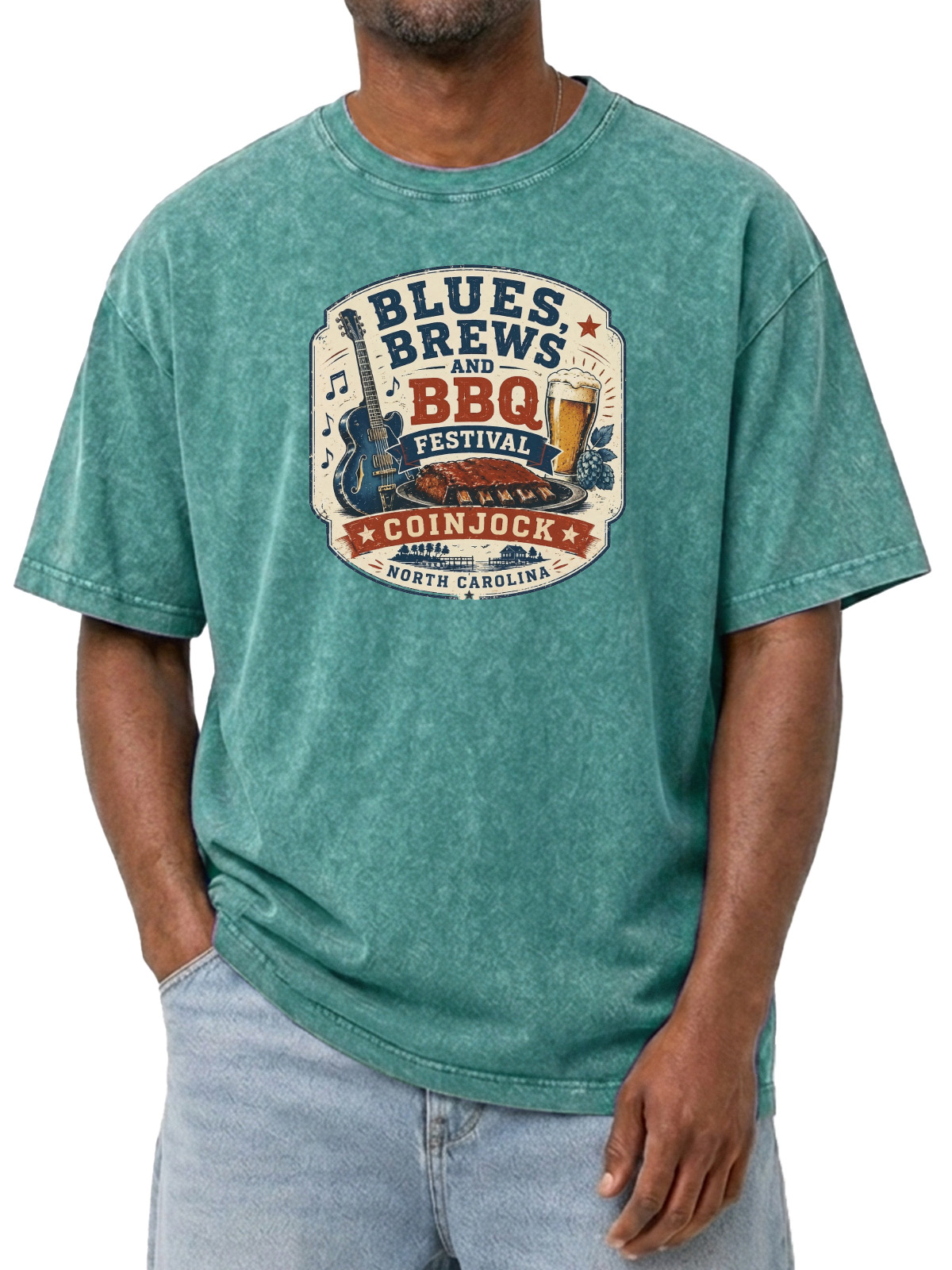 BLUES BREWS AND BBQ Printed Washed Cotton Tee