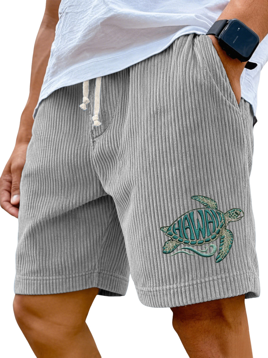 Men’s Corduroy Drawstring Shorts with Hawaii Sea Turtle Embroidery