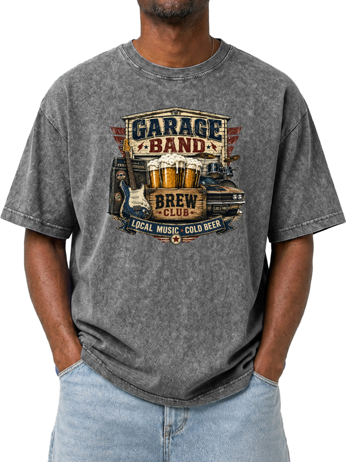 Vintage GARAGE BAND Printed Washed Short Sleeve T-Shirt