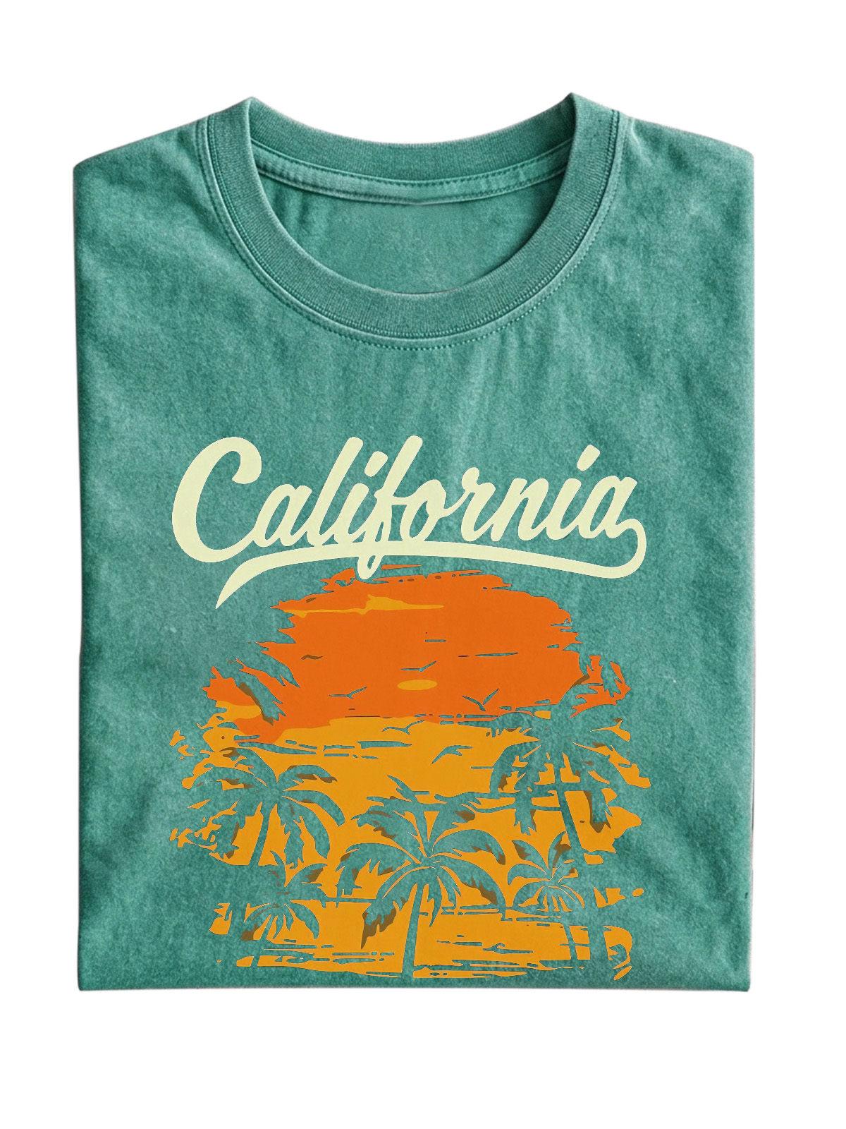 California Hawaiian Coconut Print Washed Cotton Short-sleeved T-shirt