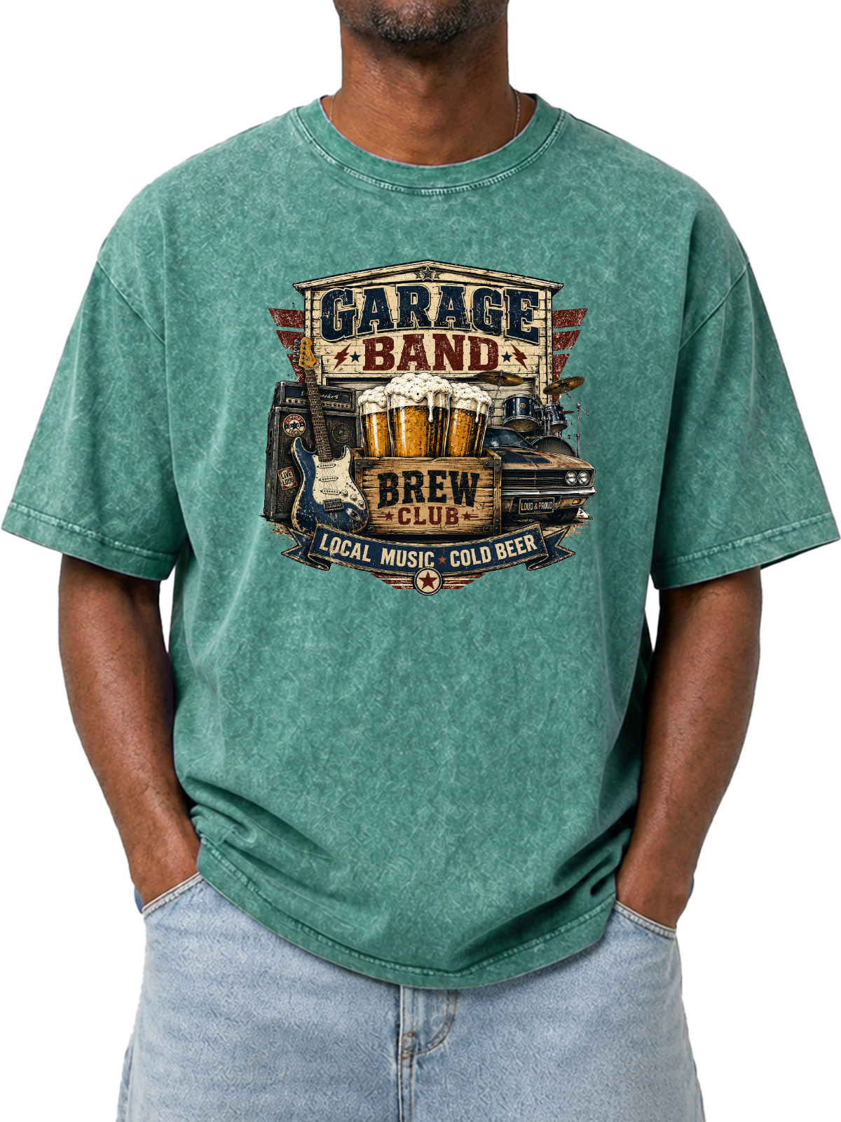 Vintage GARAGE BAND Printed Washed Short Sleeve T-Shirt