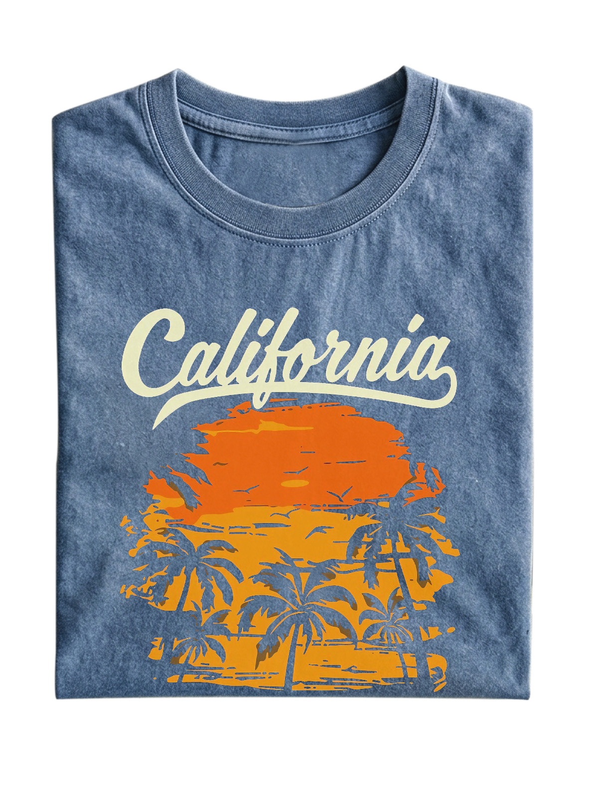 California Hawaiian Coconut Print Washed Cotton Short-sleeved T-shirt