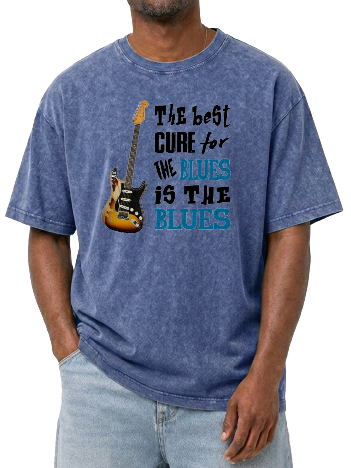 The Best Cure For The Blues Is The Blues Classic Printed Washed Short Sleeve T-Shirt