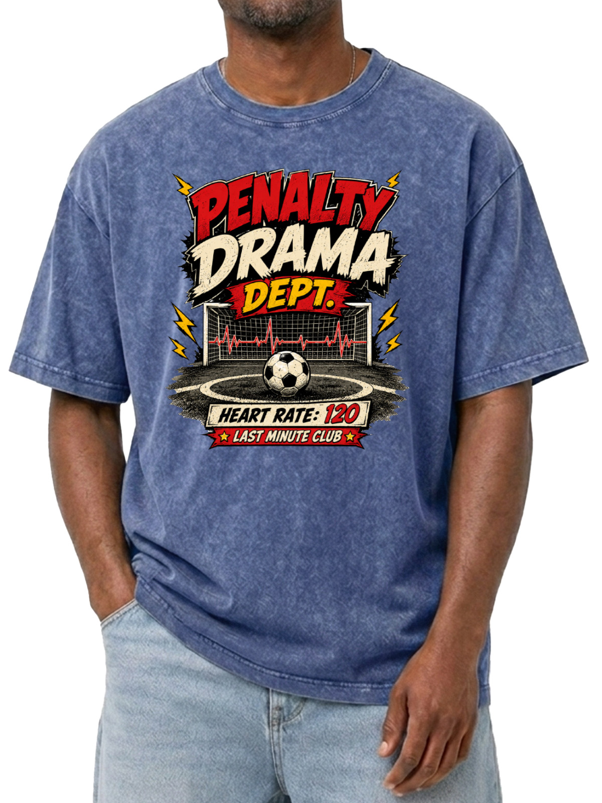 Men’s Vintage Washed Oversized T-Shirt with Penalty Drama Soccer Graphic
