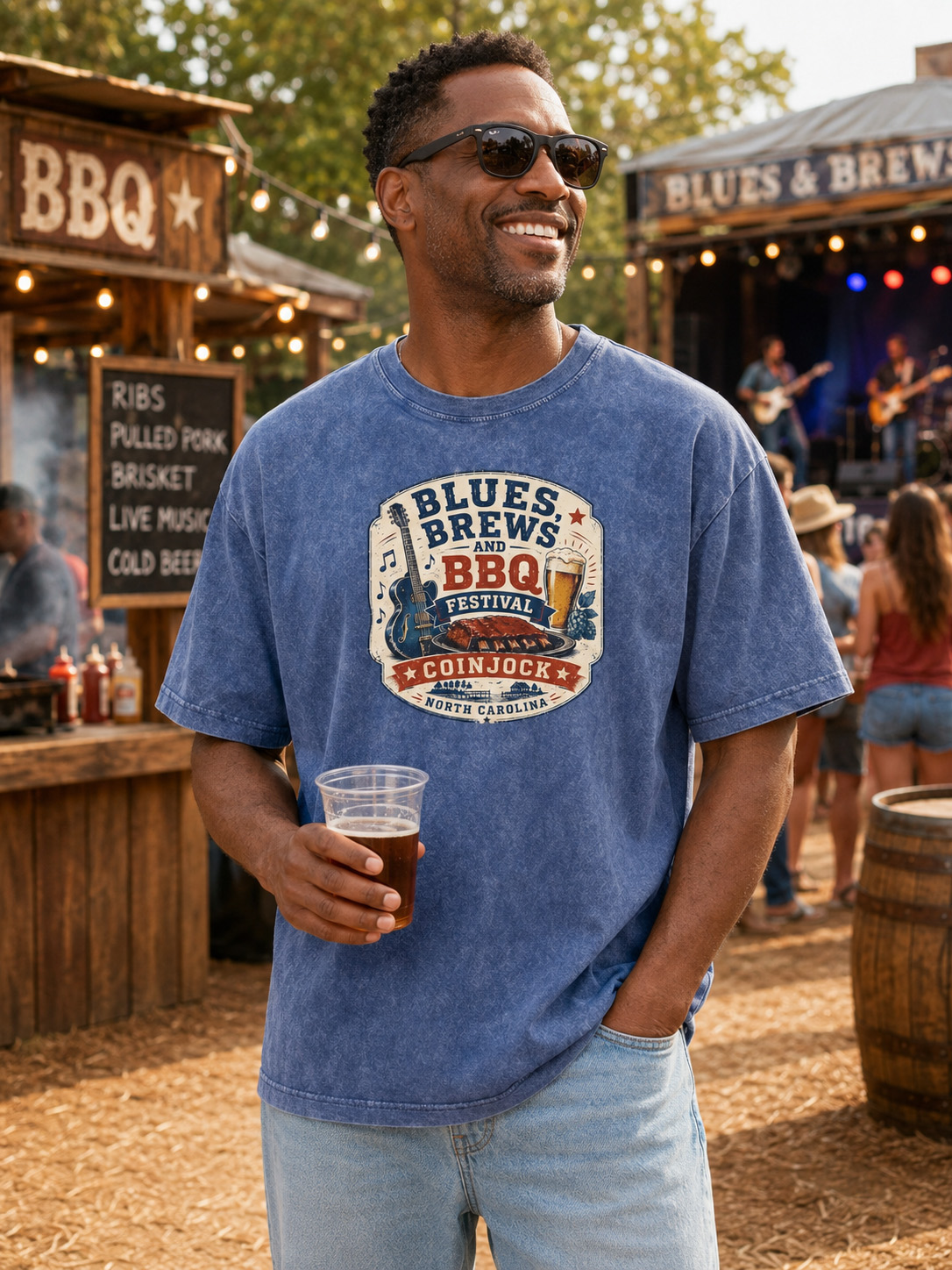 BLUES BREWS AND BBQ Printed Washed Cotton Tee