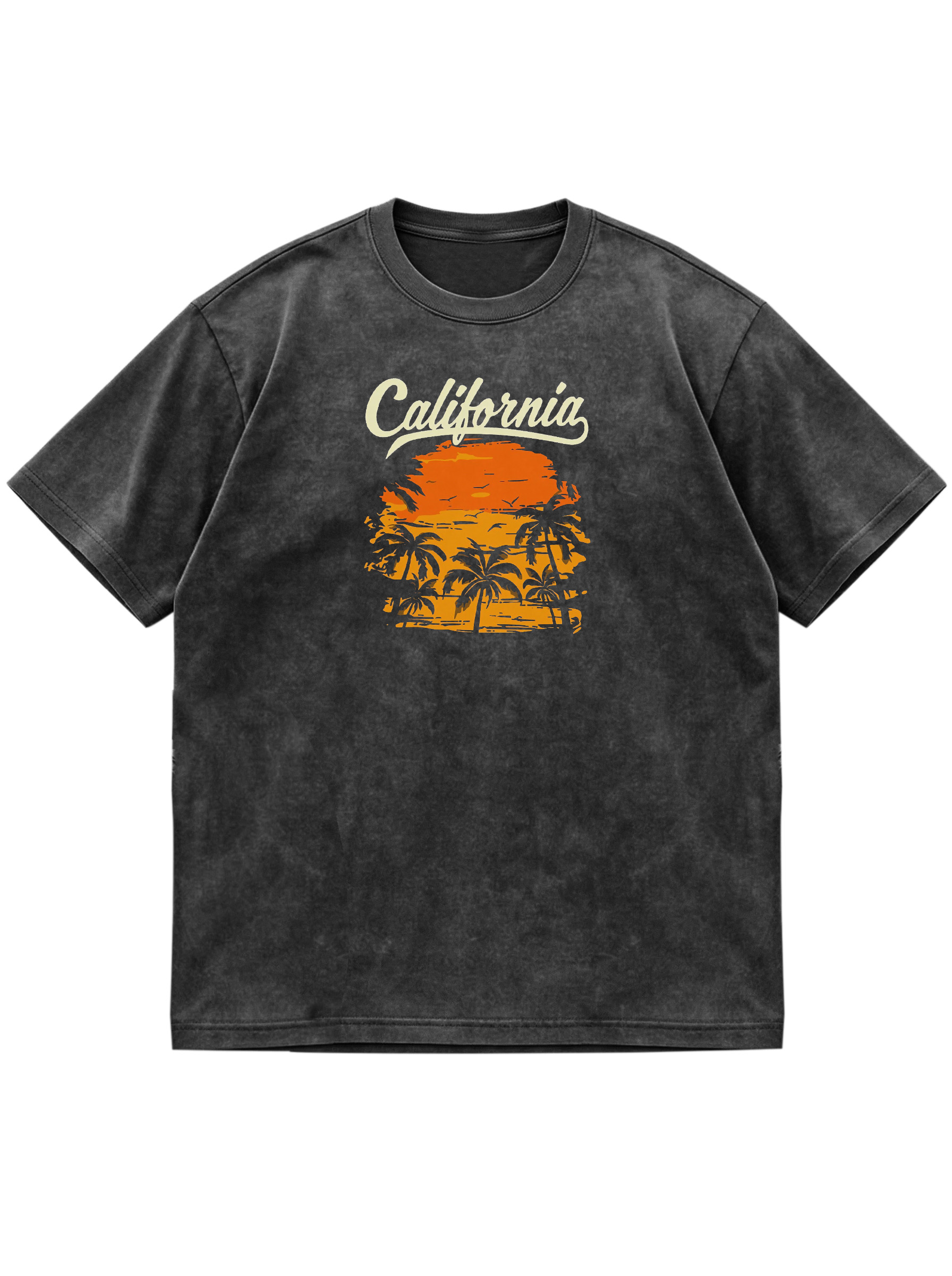 California Hawaiian Coconut Print Washed Cotton Short-sleeved T-shirt