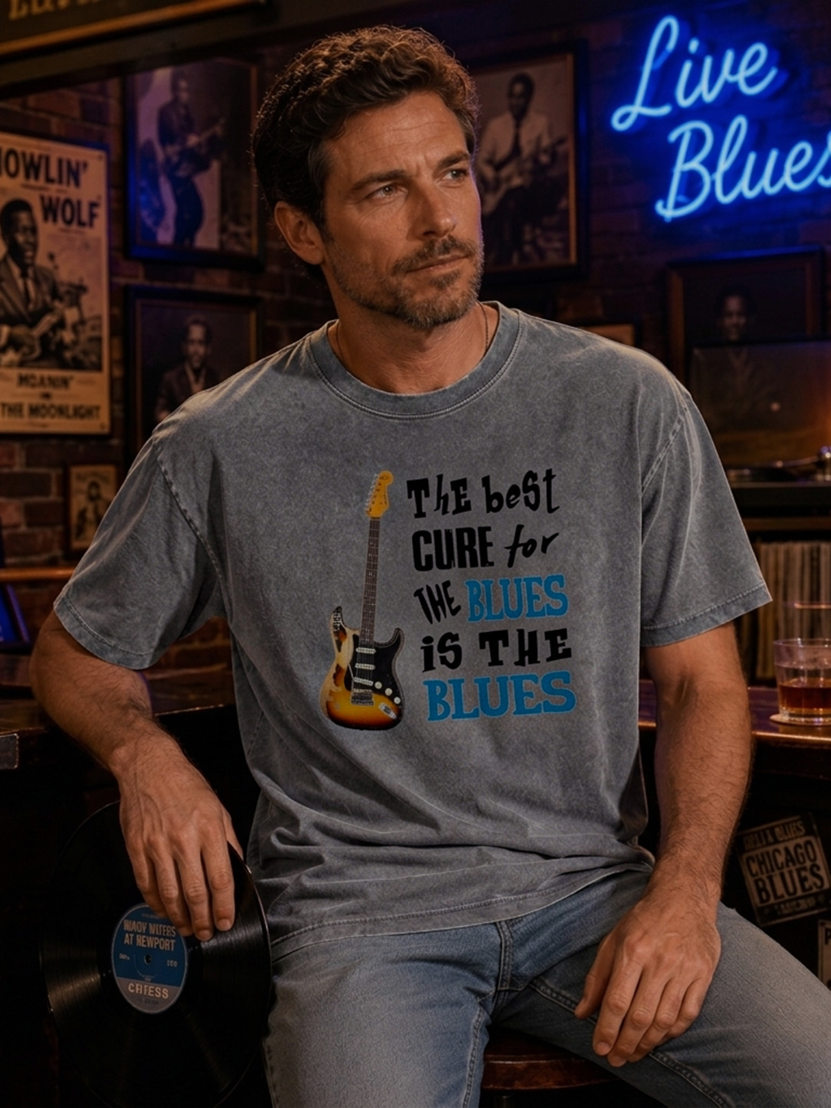 The Best Cure For The Blues Is The Blues Classic Printed Washed Short Sleeve T-Shirt