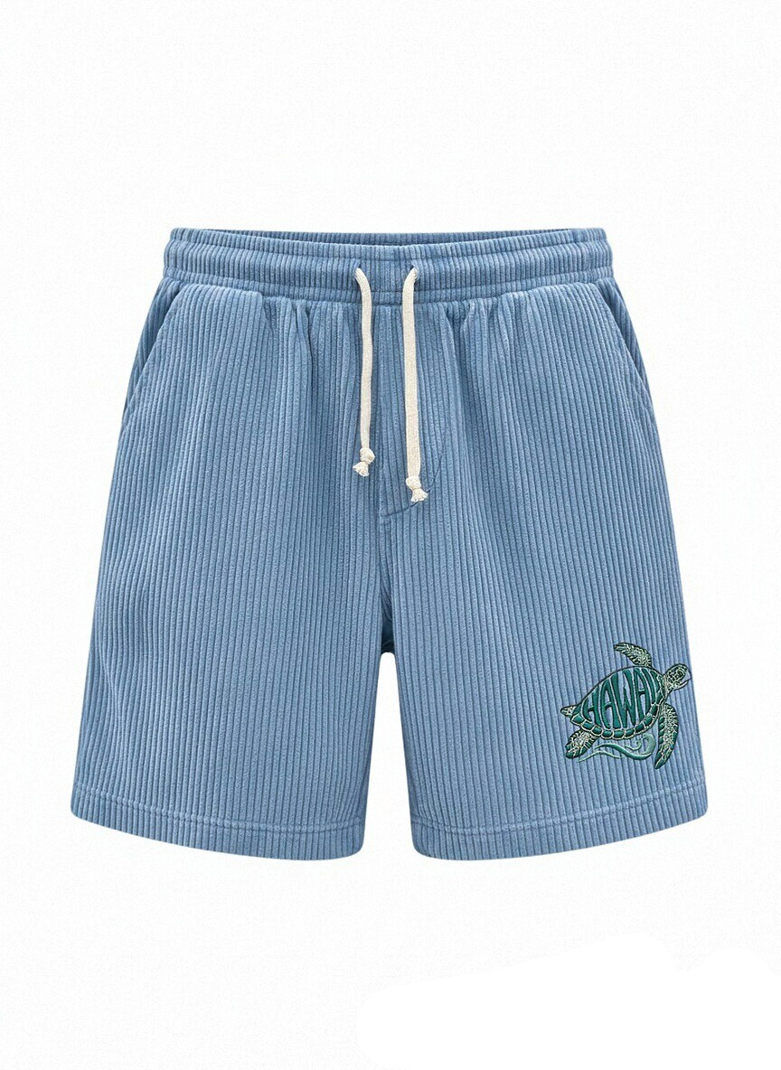 Men’s Corduroy Drawstring Shorts with Hawaii Sea Turtle Embroidery