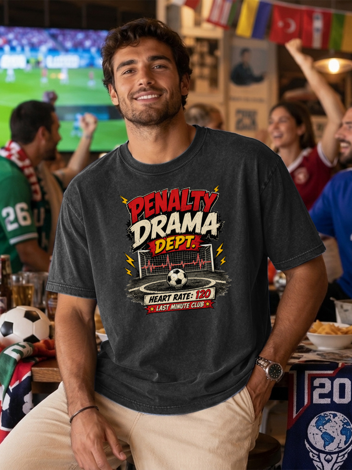 Men’s Vintage Washed Oversized T-Shirt with Penalty Drama Soccer Graphic