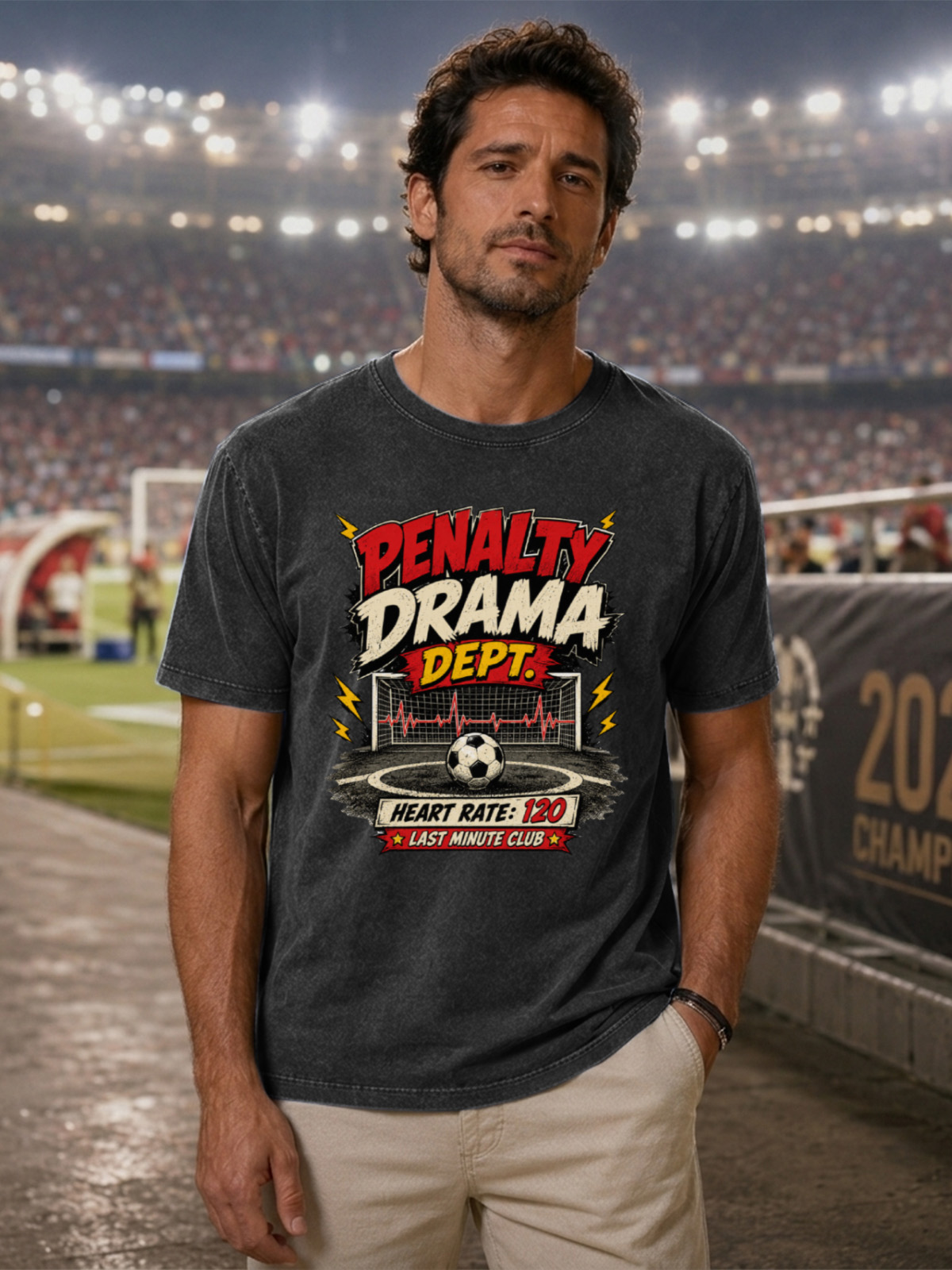 Men’s Vintage Washed Oversized T-Shirt with Penalty Drama Soccer Graphic