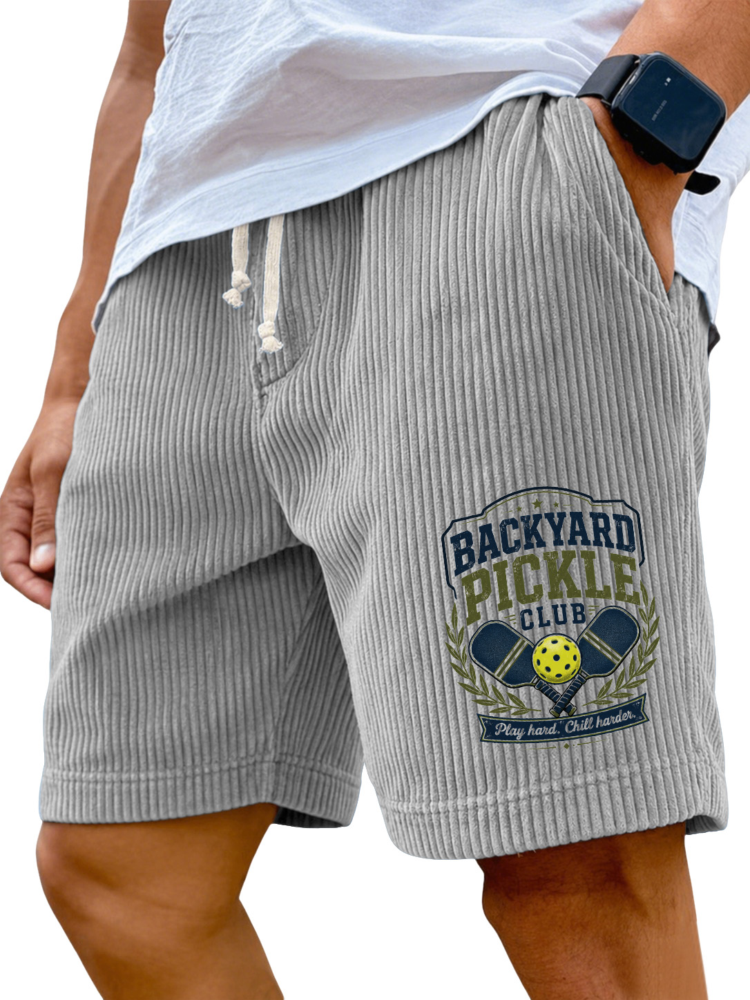 Men’s Corduroy Drawstring Shorts with Backyard Pickle Club Graphic