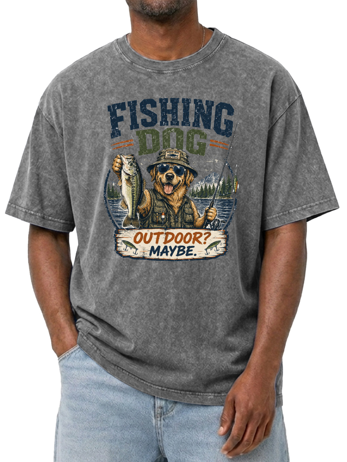 Men’s Vintage Washed Oversized T-Shirt with Fishing Dog Outdoor Graphic
