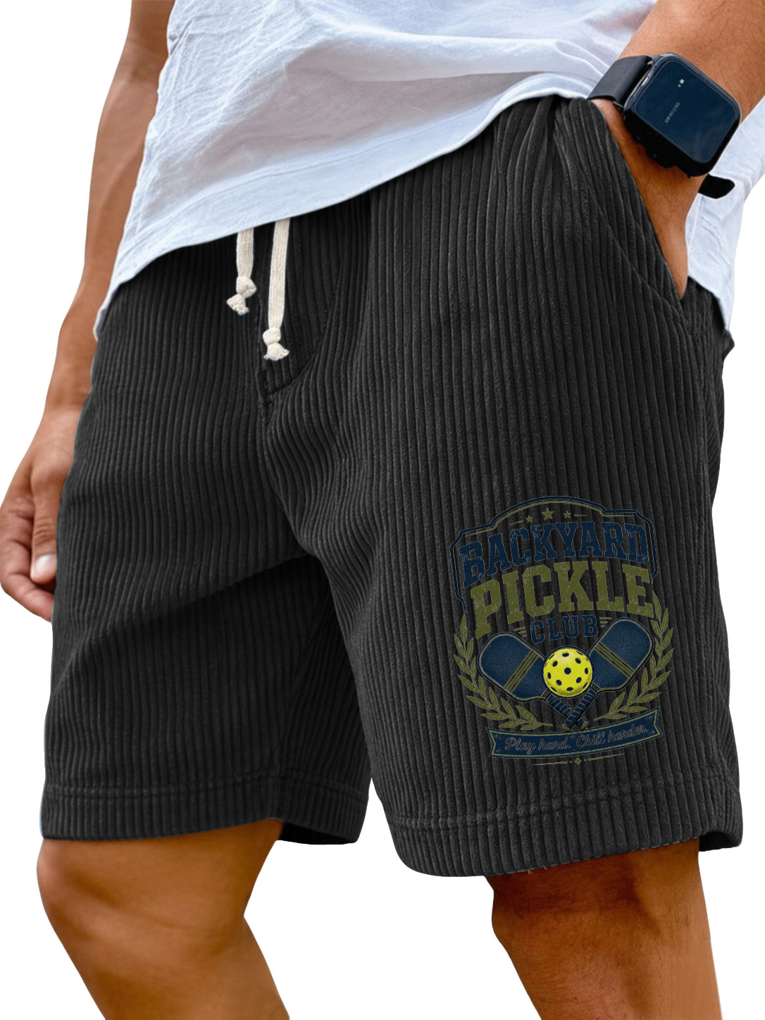 Men’s Corduroy Drawstring Shorts with Backyard Pickle Club Graphic