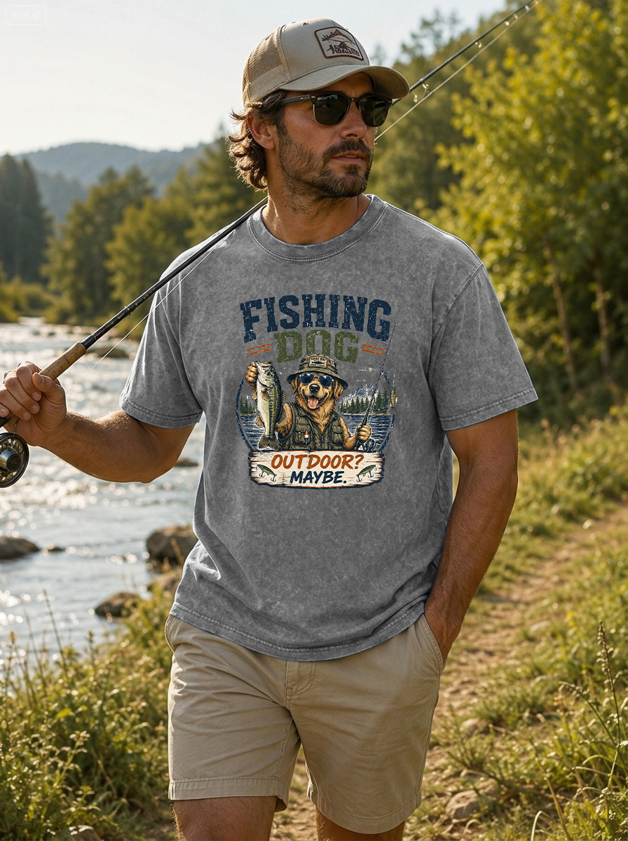 Men’s Vintage Washed Oversized T-Shirt with Fishing Dog Outdoor Graphic