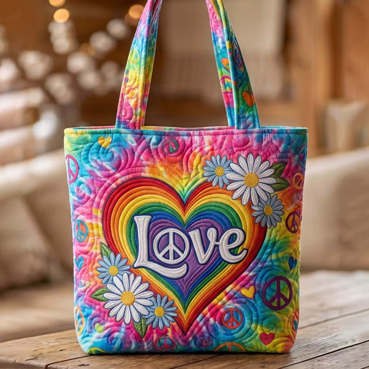 Rainbow "LOVE" Quilted Tote Bag