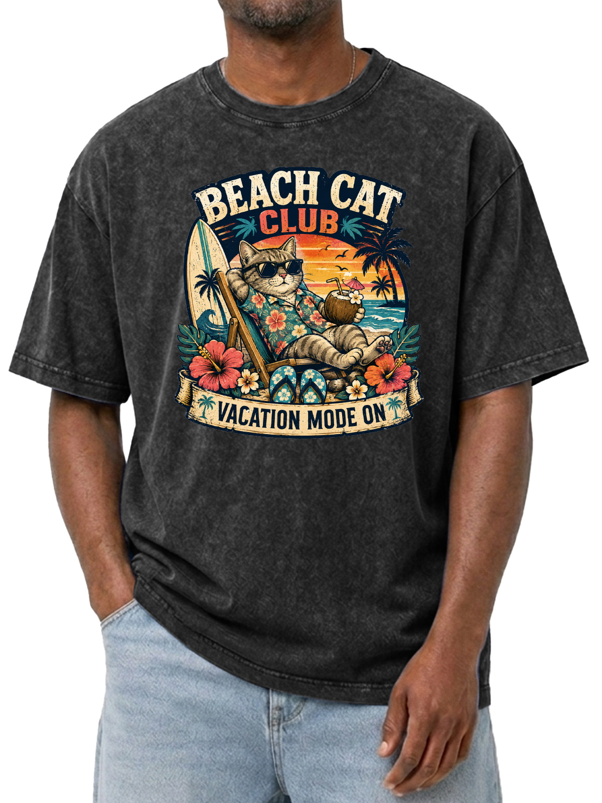 Men’s Vintage Washed Oversized T-Shirt with Beach Cat Club Vacation Graphic