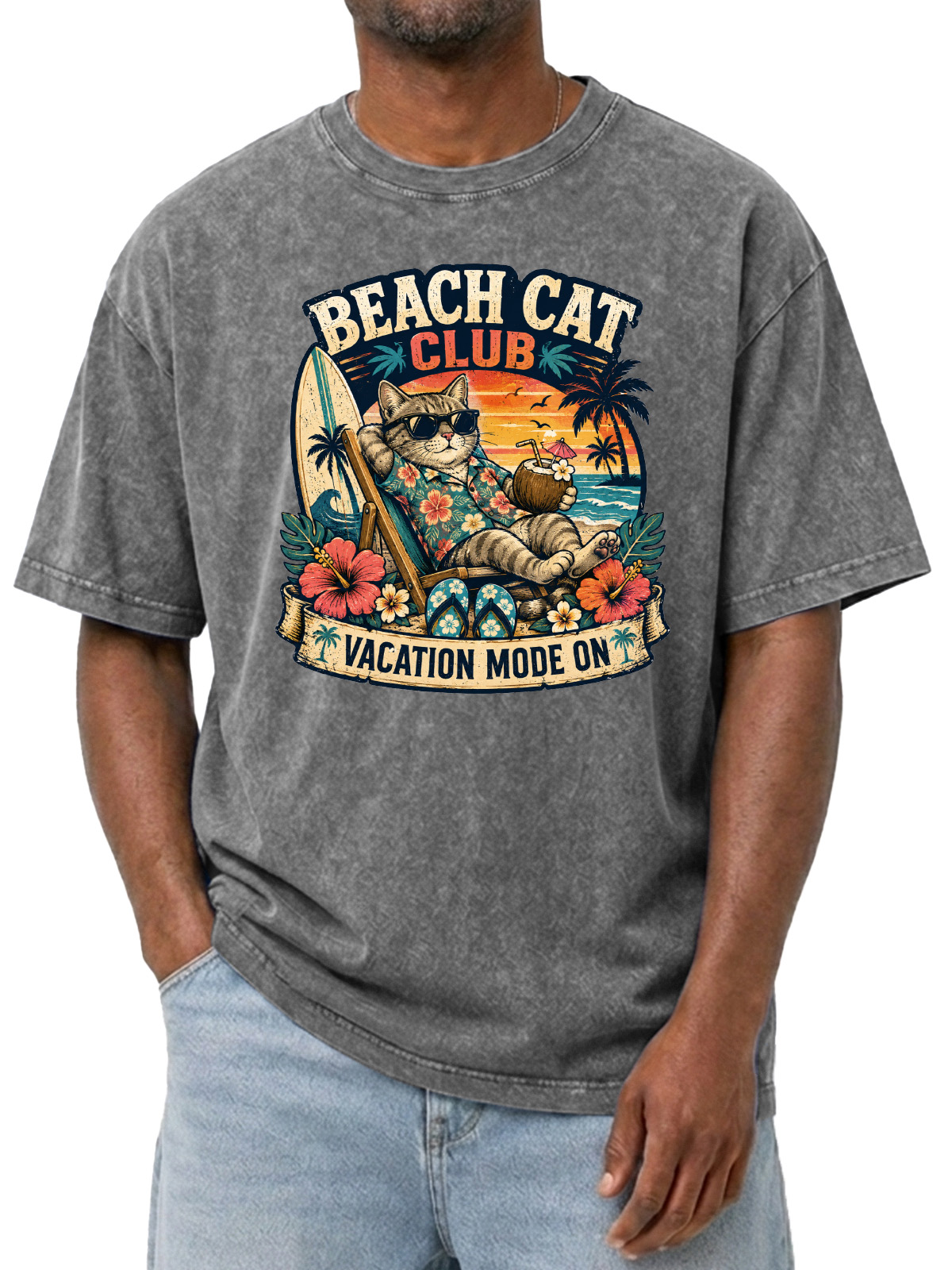 Men’s Vintage Washed Oversized T-Shirt with Beach Cat Club Vacation Graphic