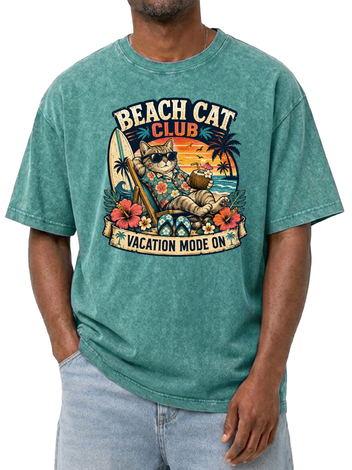Men’s Vintage Washed Oversized T-Shirt with Beach Cat Club Vacation Graphic