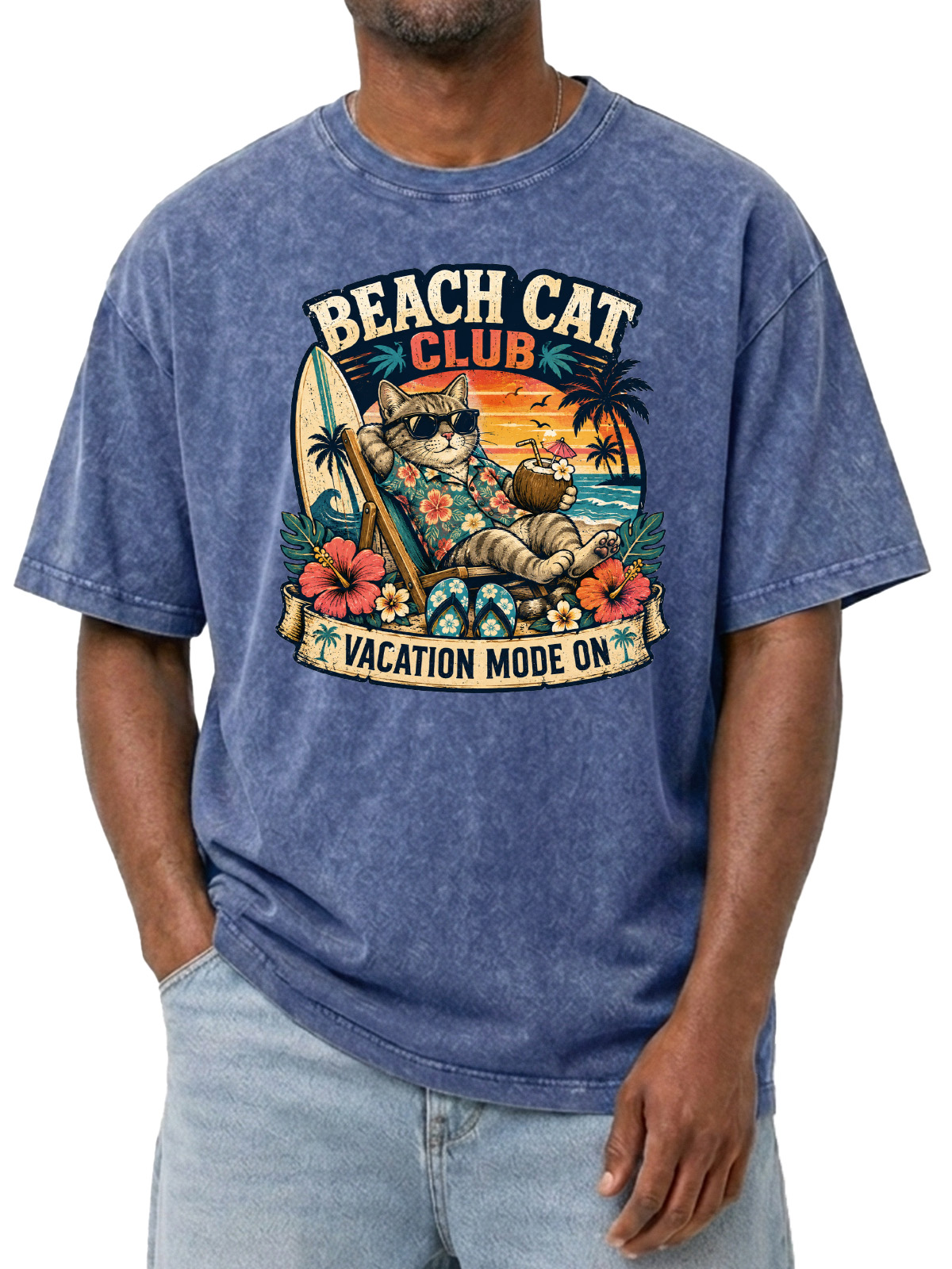Men’s Vintage Washed Oversized T-Shirt with Beach Cat Club Vacation Graphic