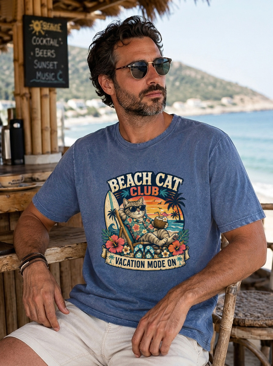 Men’s Vintage Washed Oversized T-Shirt with Beach Cat Club Vacation Graphic