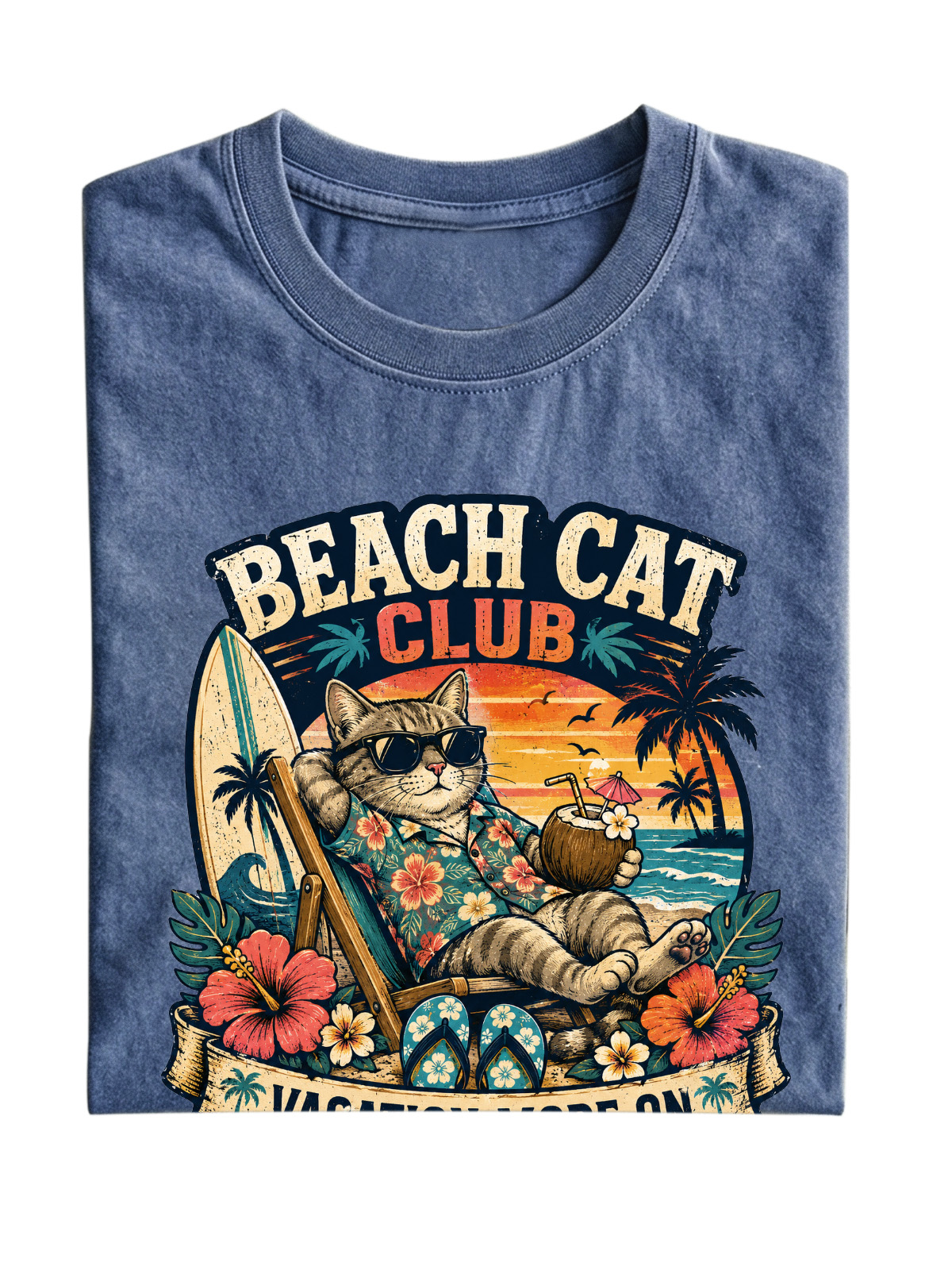 Men’s Vintage Washed Oversized T-Shirt with Beach Cat Club Vacation Graphic