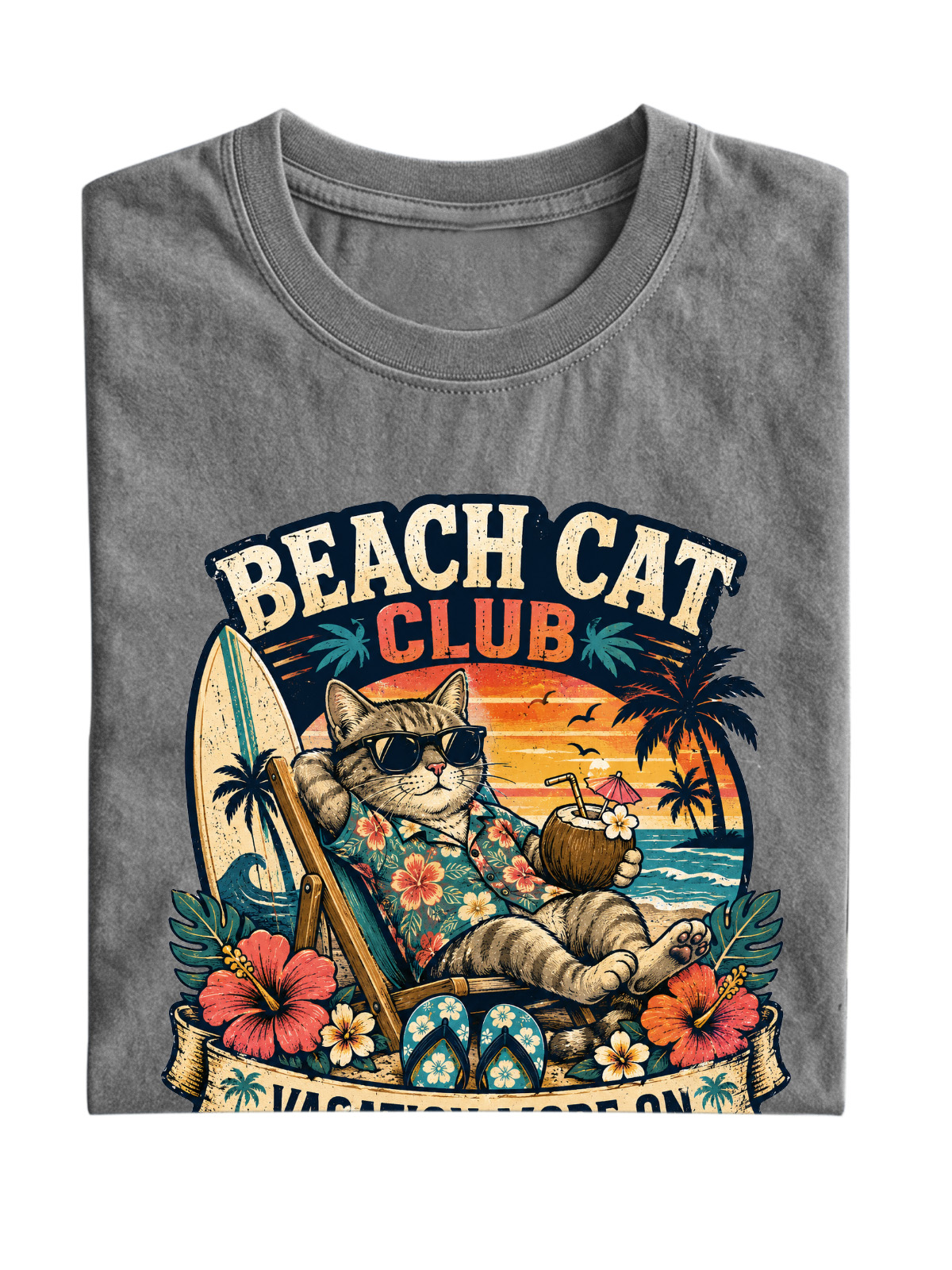 Men’s Vintage Washed Oversized T-Shirt with Beach Cat Club Vacation Graphic