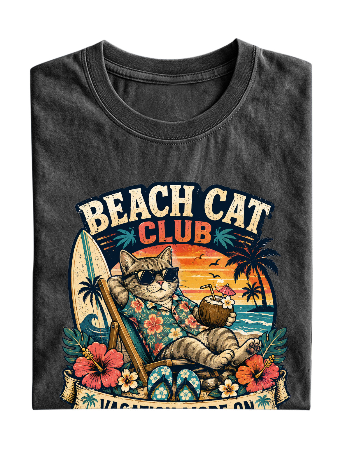 Men’s Vintage Washed Oversized T-Shirt with Beach Cat Club Vacation Graphic