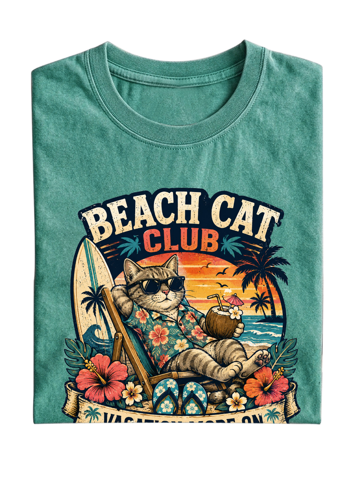 Men’s Vintage Washed Oversized T-Shirt with Beach Cat Club Vacation Graphic