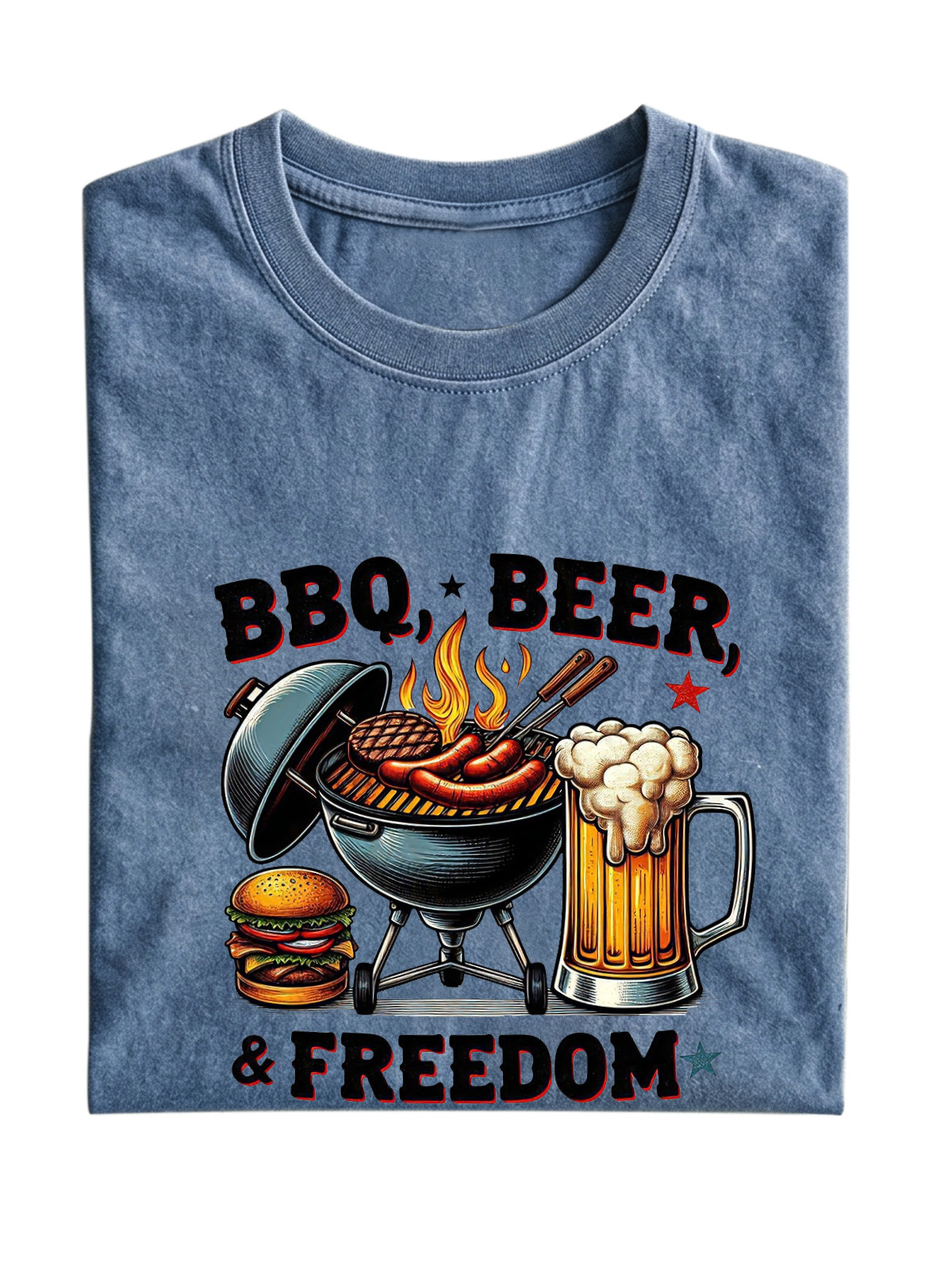 BBQ,BEER,FREEDOM Print Short-sleeved T-shirt