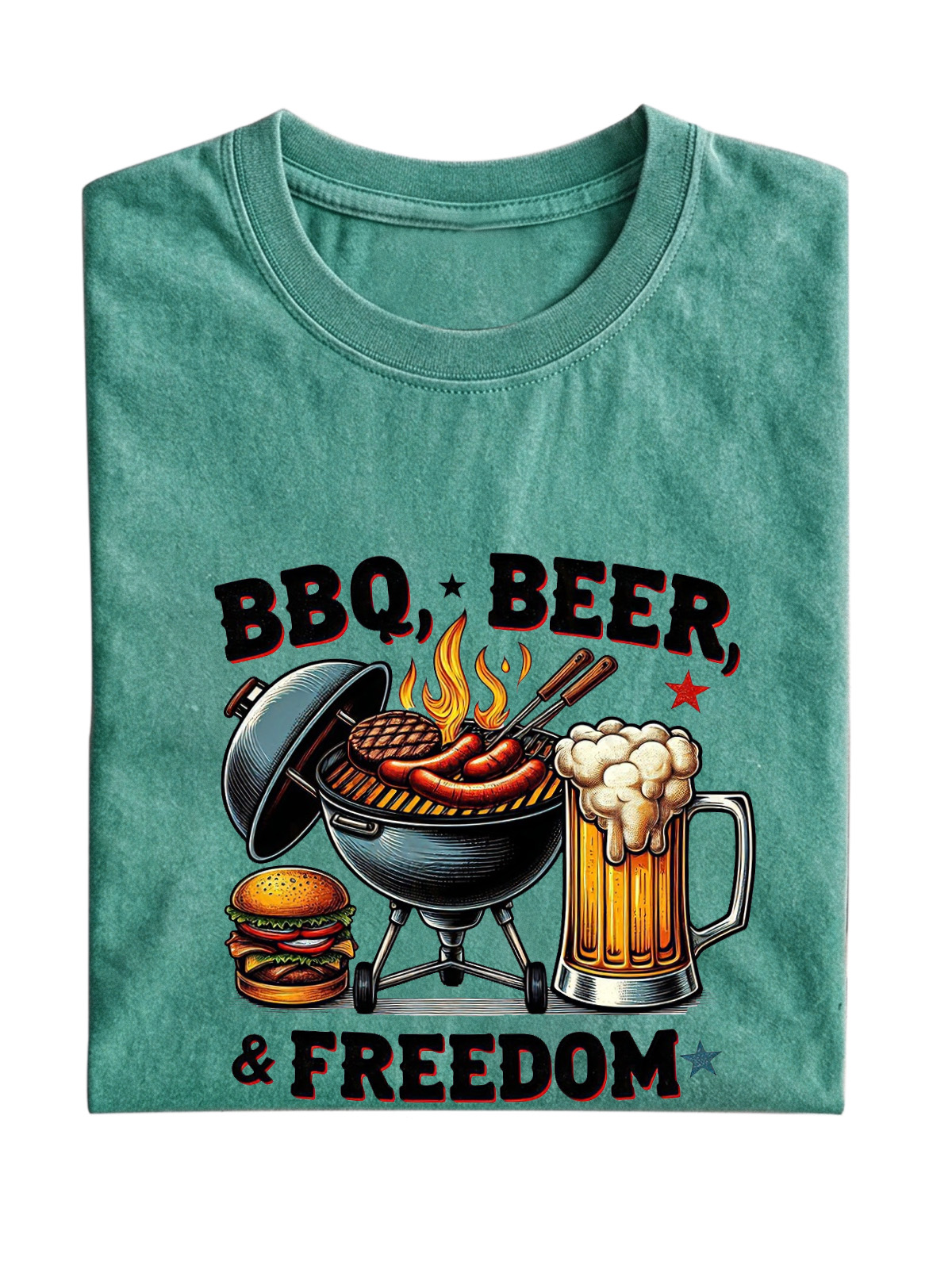 BBQ,BEER,FREEDOM Print Short-sleeved T-shirt