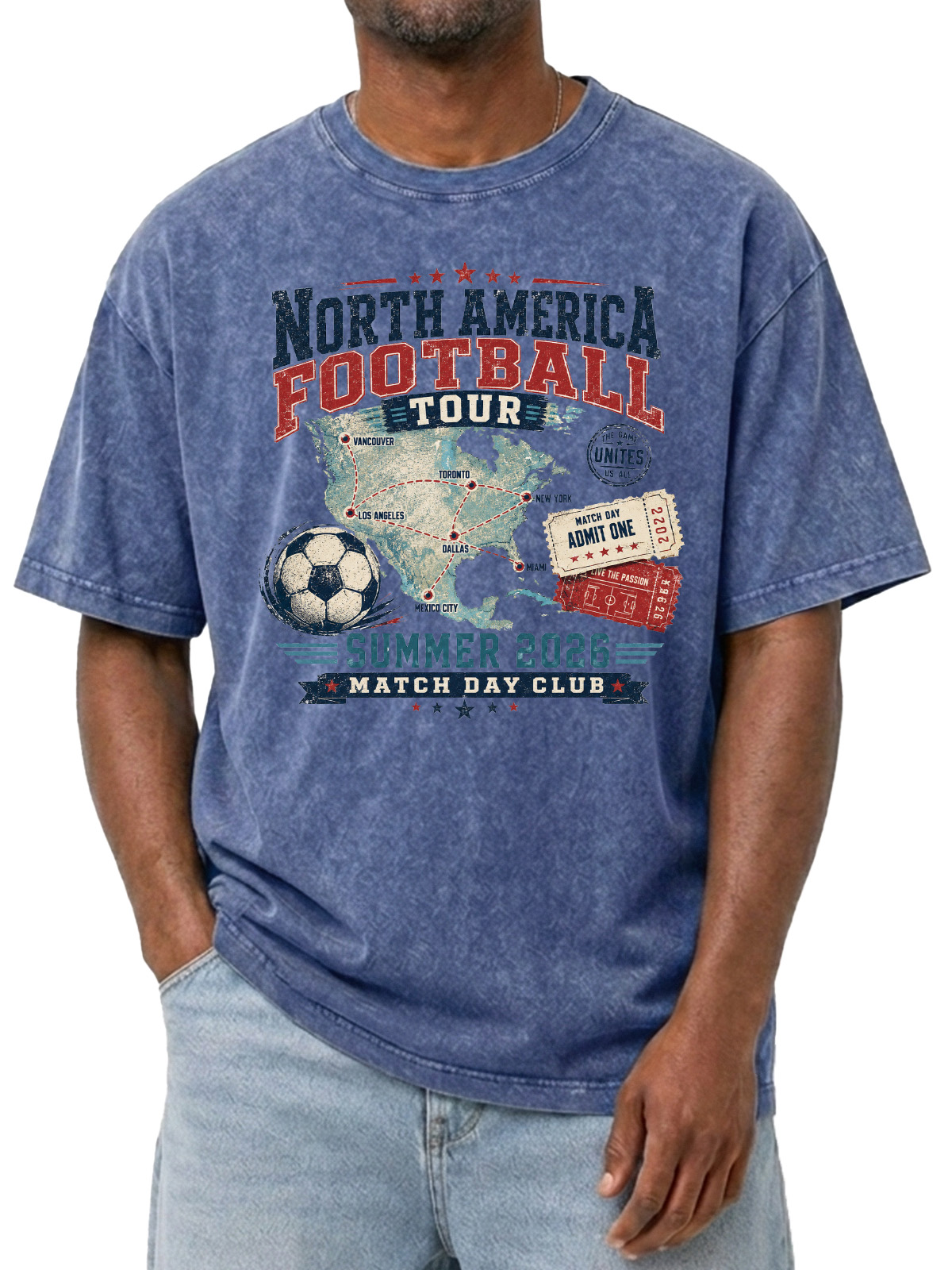Men’s Vintage Washed Oversized T-Shirt with North America Football Tour Graphic