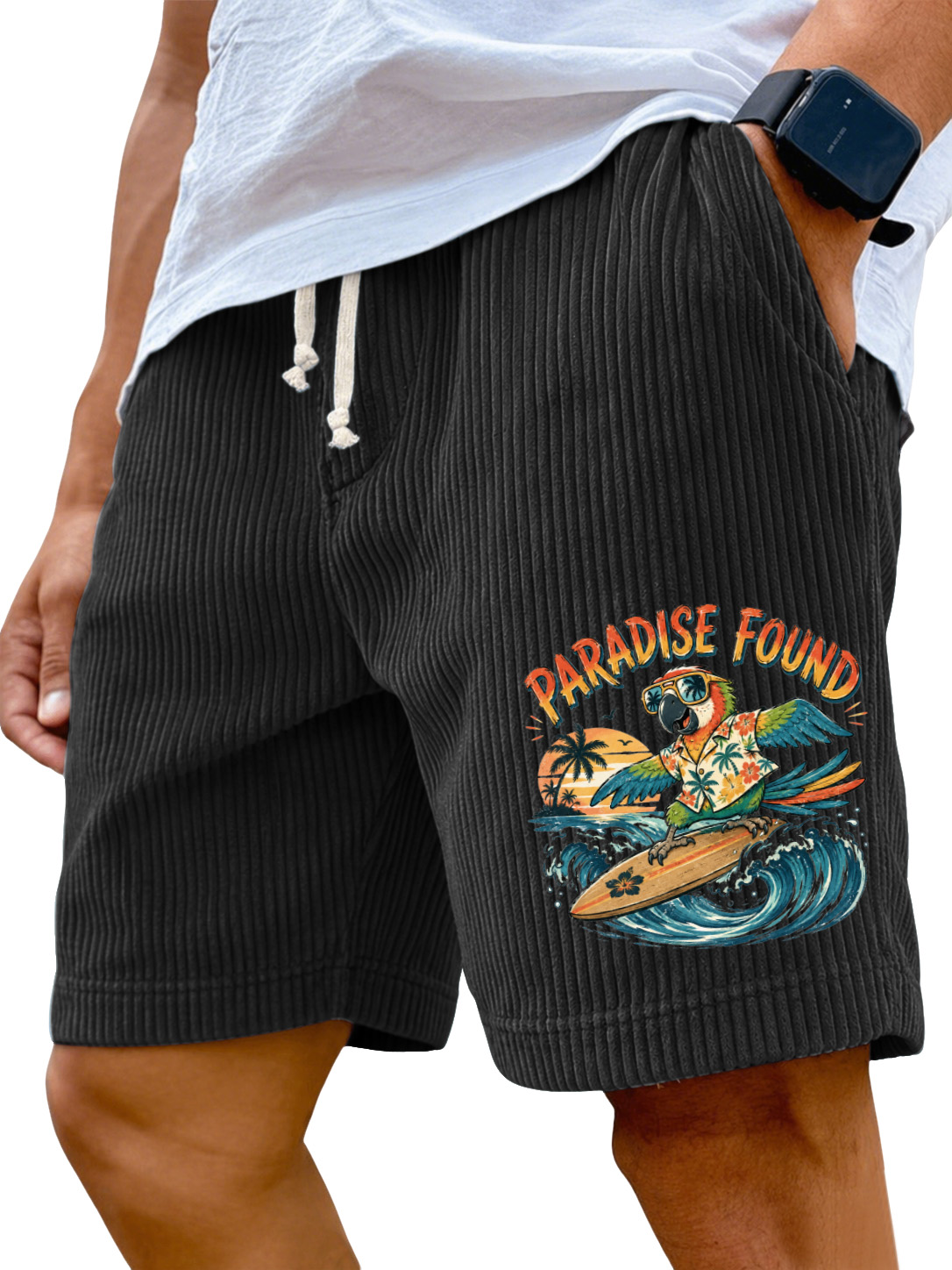 Men’s Corduroy Drawstring Shorts with Paradise Found Parrot Surf Graphic