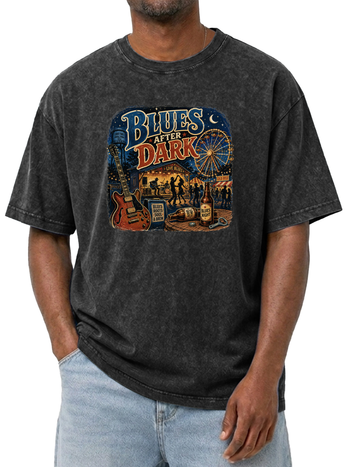 Vintage Blue After Dark  Printed Washed Short Sleeve T-Shirt