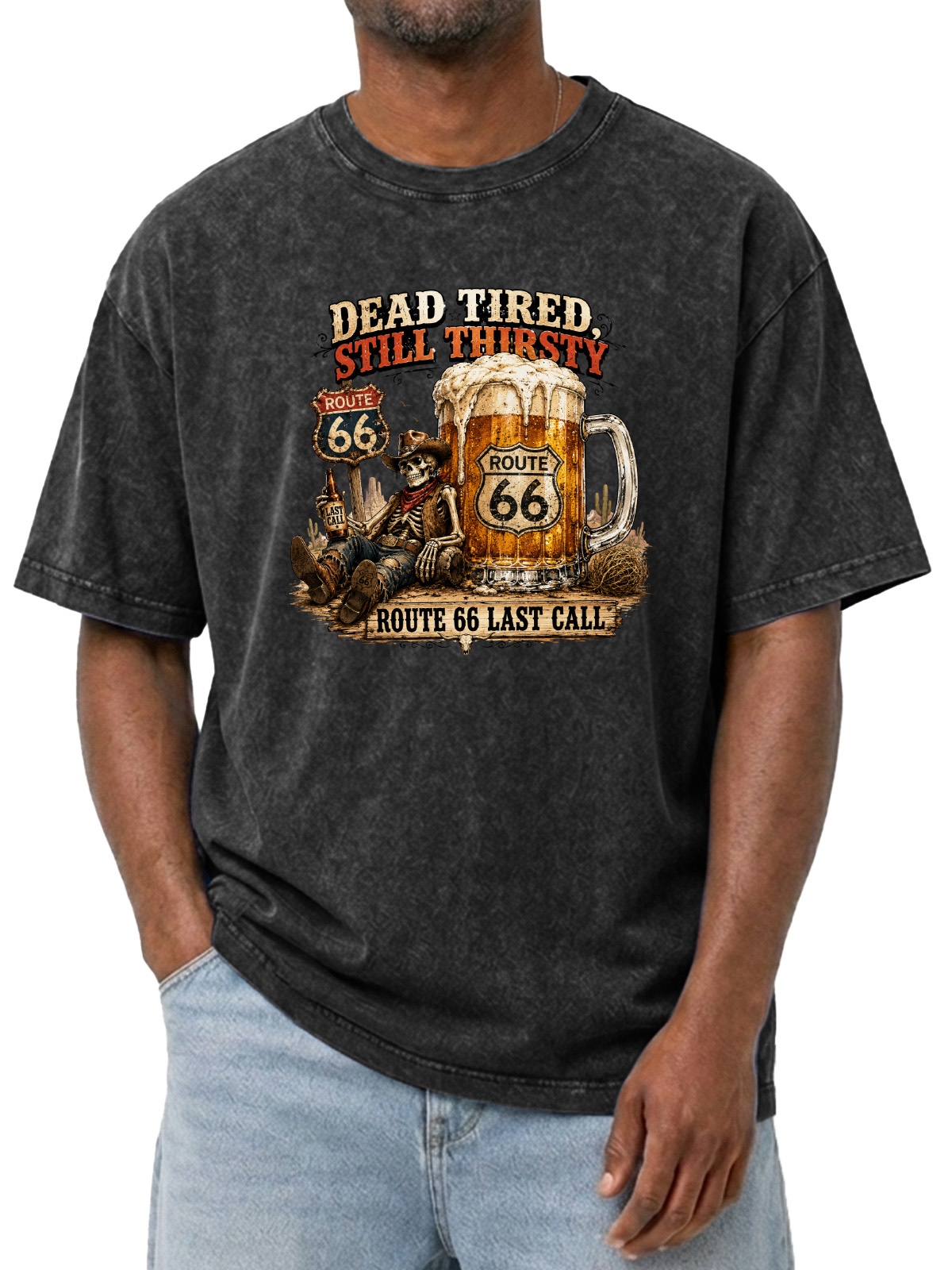 Vintage Fun Skull Beer Wash Cotton T-Shirt