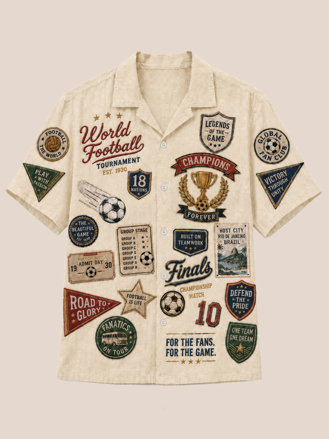 Men’s Light Blue World Football Tournament Patch Print Cuban Collar Shirt