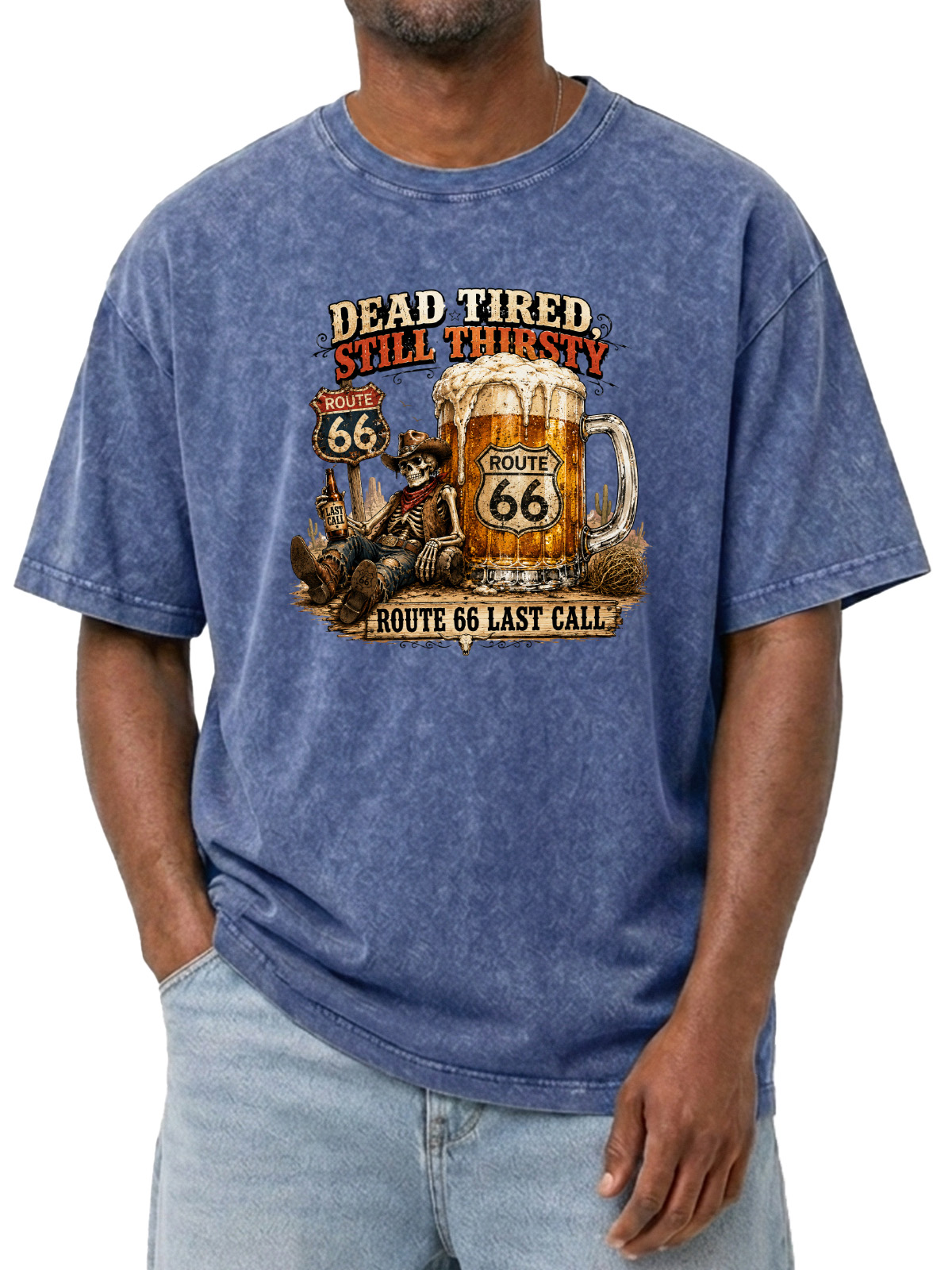 Vintage Fun Skull Beer Wash Cotton T-Shirt