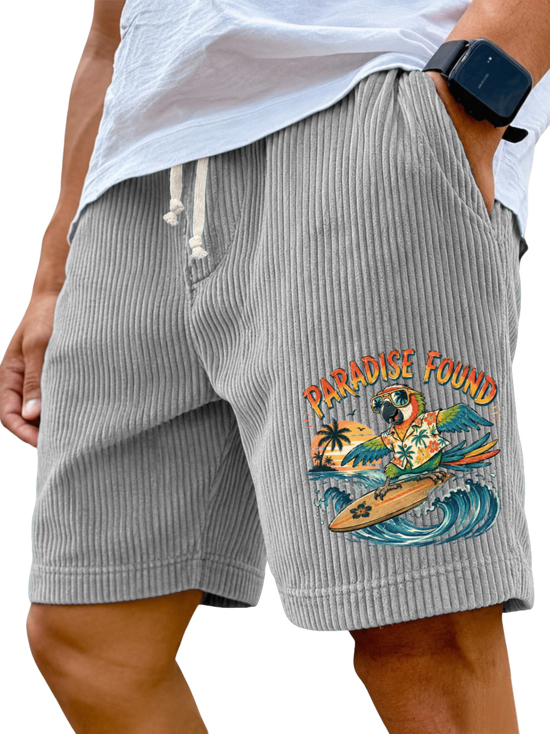Men’s Corduroy Drawstring Shorts with Paradise Found Parrot Surf Graphic