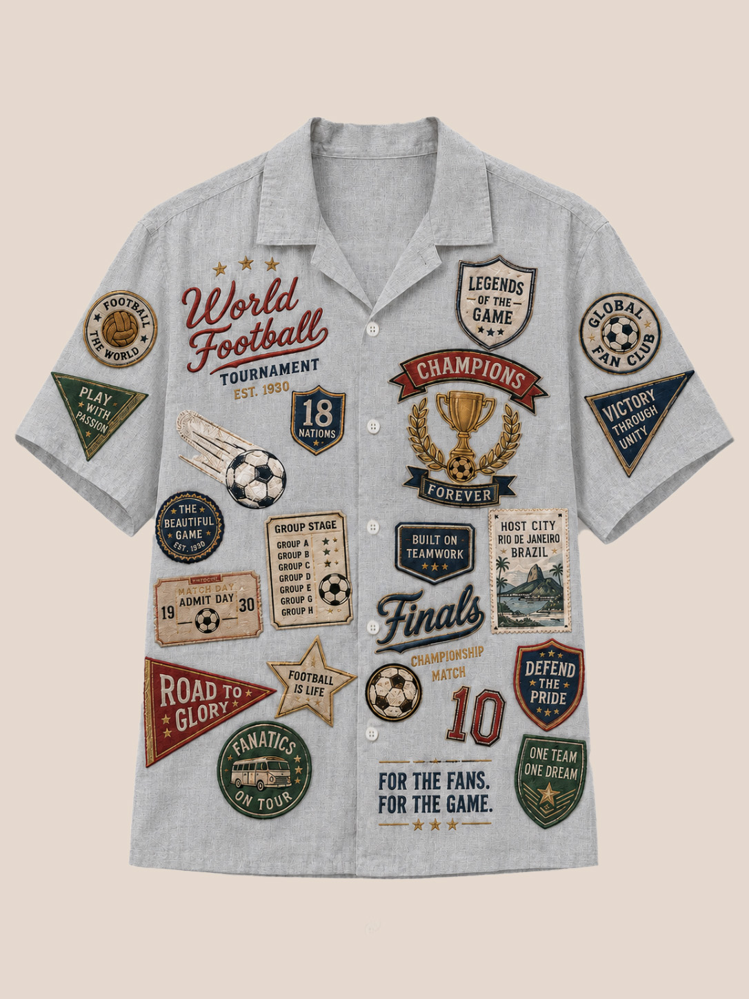 Men’s Light Blue World Football Tournament Patch Print Cuban Collar Shirt