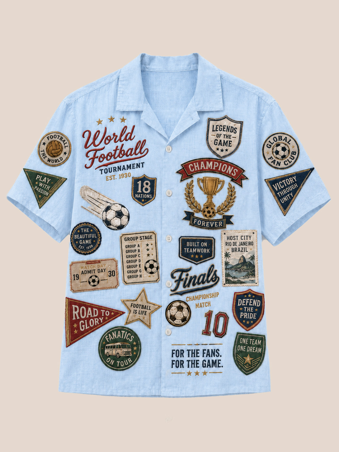 Men’s Light Blue World Football Tournament Patch Print Cuban Collar Shirt