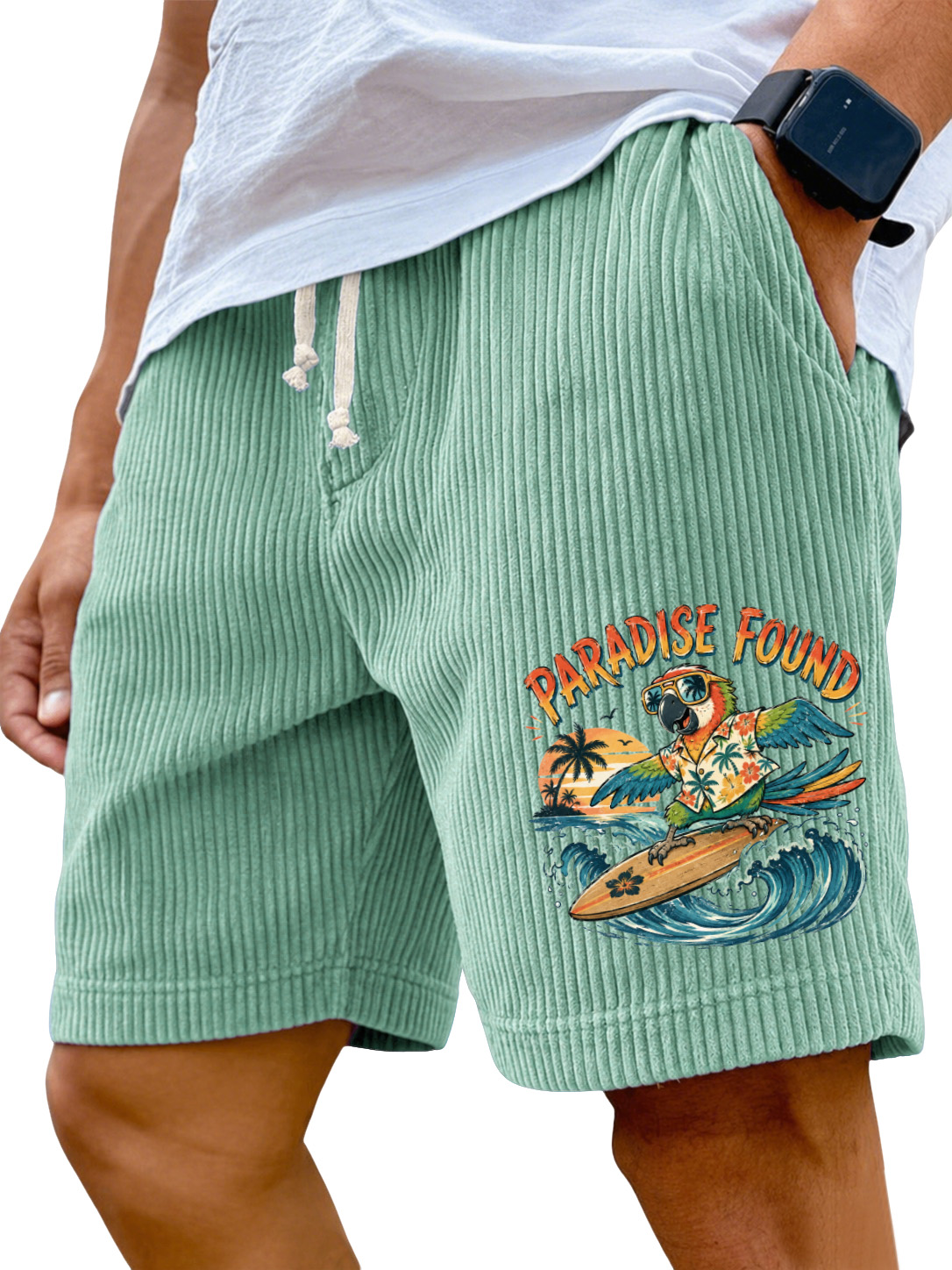 Men’s Corduroy Drawstring Shorts with Paradise Found Parrot Surf Graphic