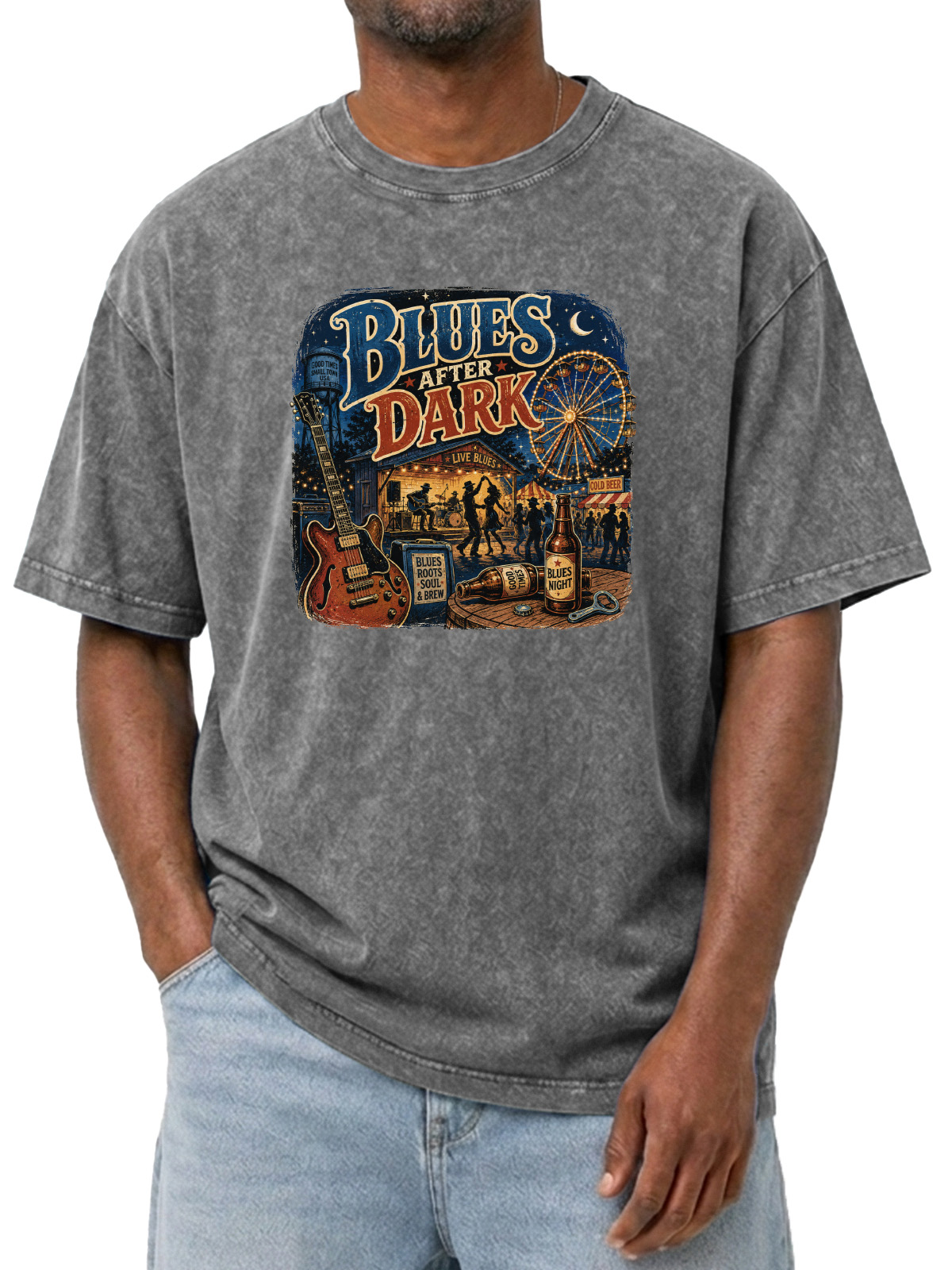Vintage Blue After Dark  Printed Washed Short Sleeve T-Shirt