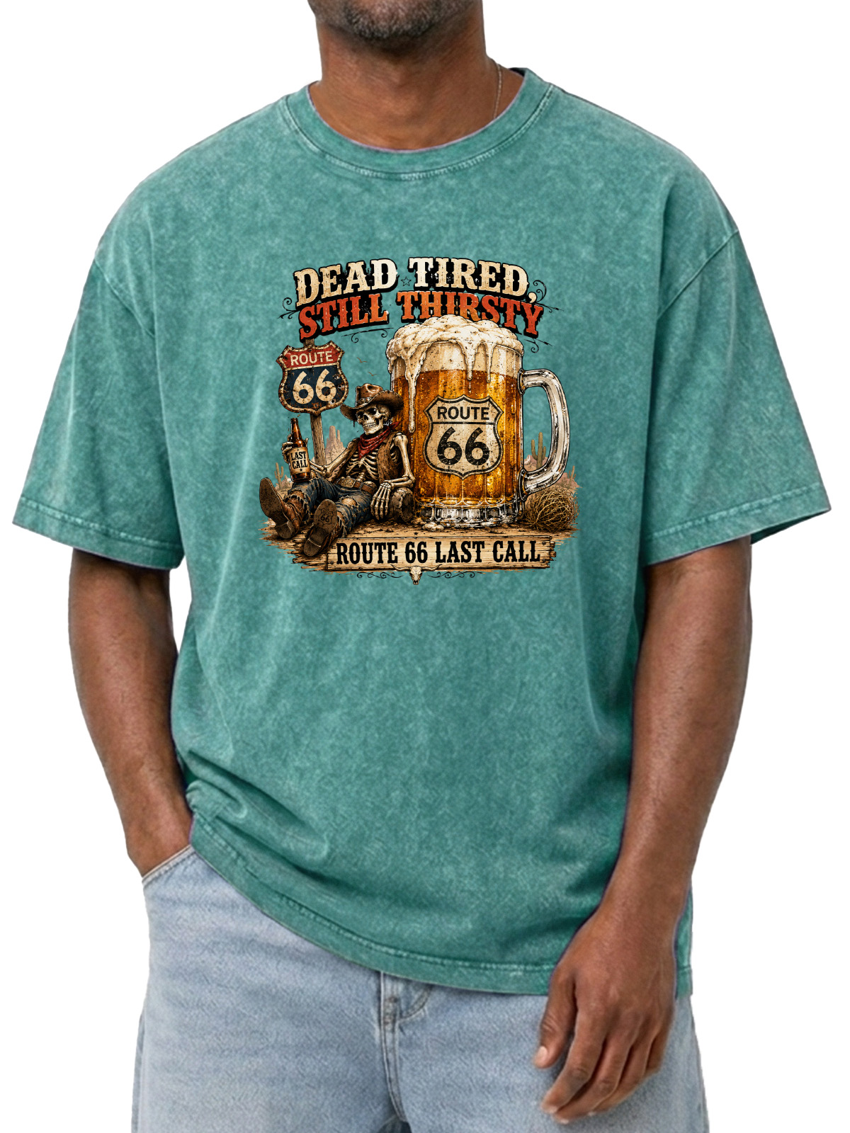 Vintage Fun Skull Beer Wash Cotton T-Shirt