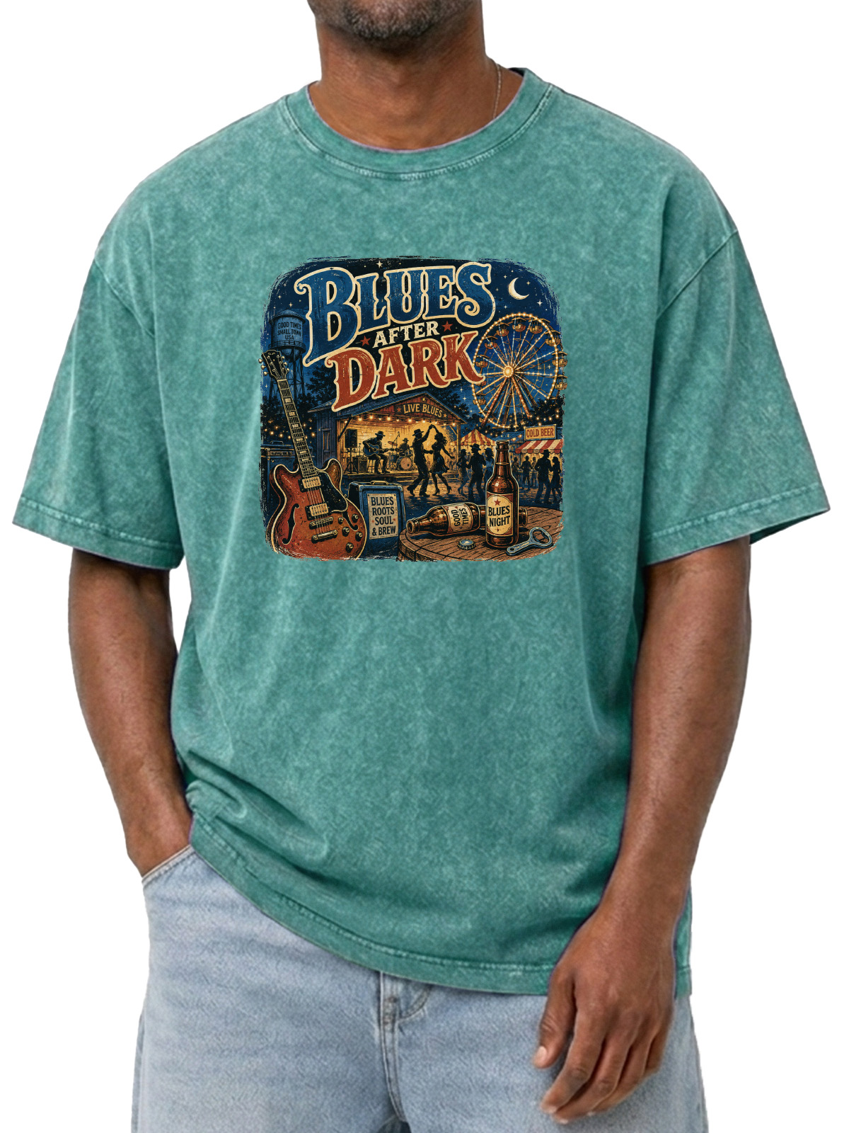 Vintage Blue After Dark  Printed Washed Short Sleeve T-Shirt