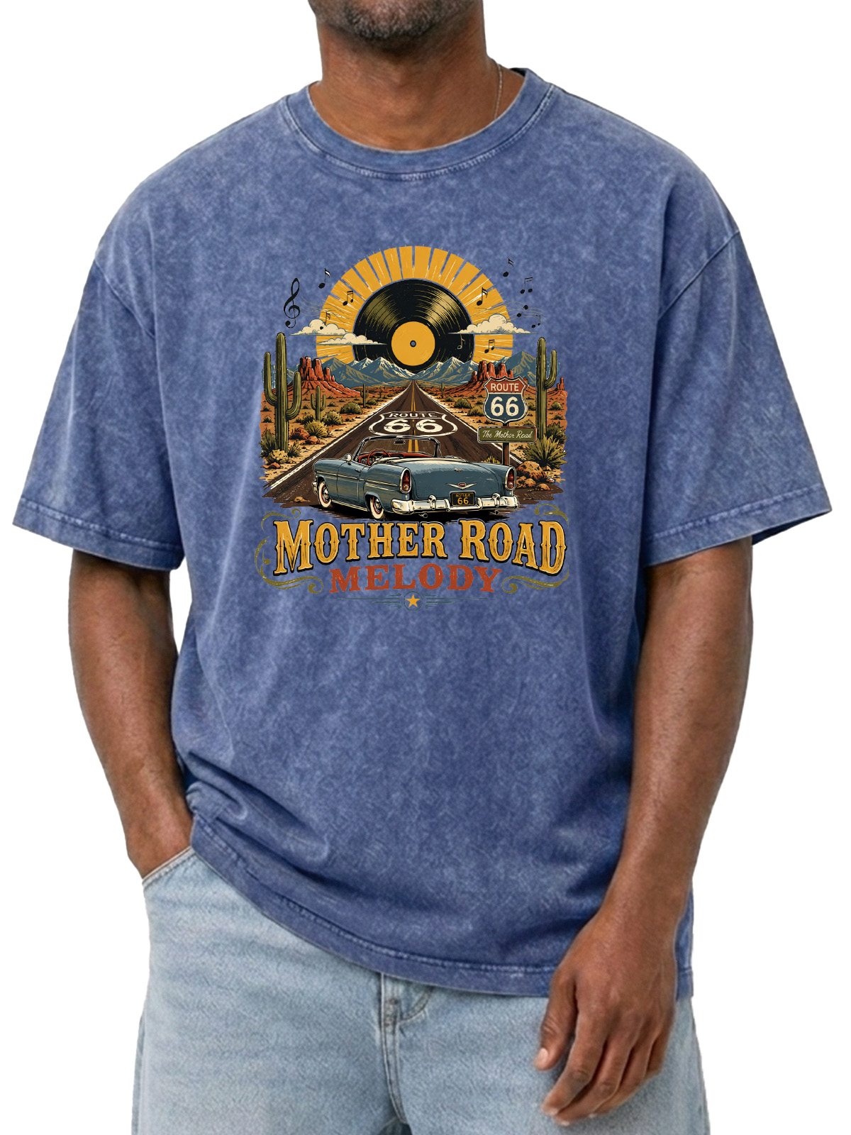 Vintage Mother Road Melody Printed Washed Short Sleeve T-shirt
