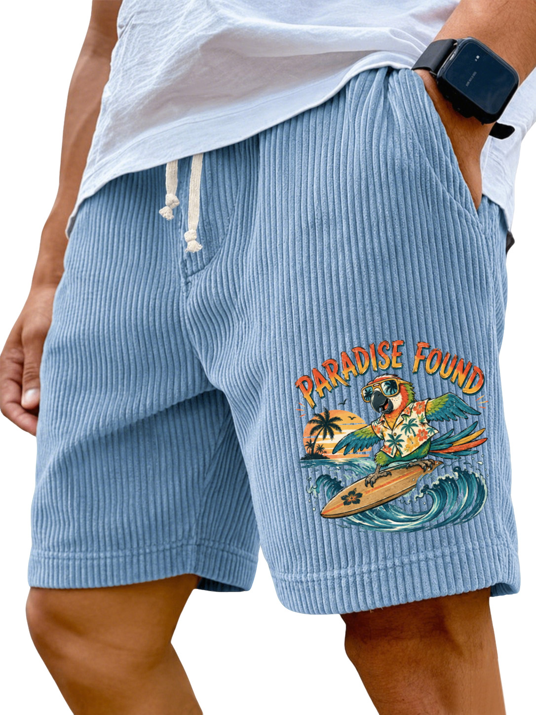 Men’s Corduroy Drawstring Shorts with Paradise Found Parrot Surf Graphic